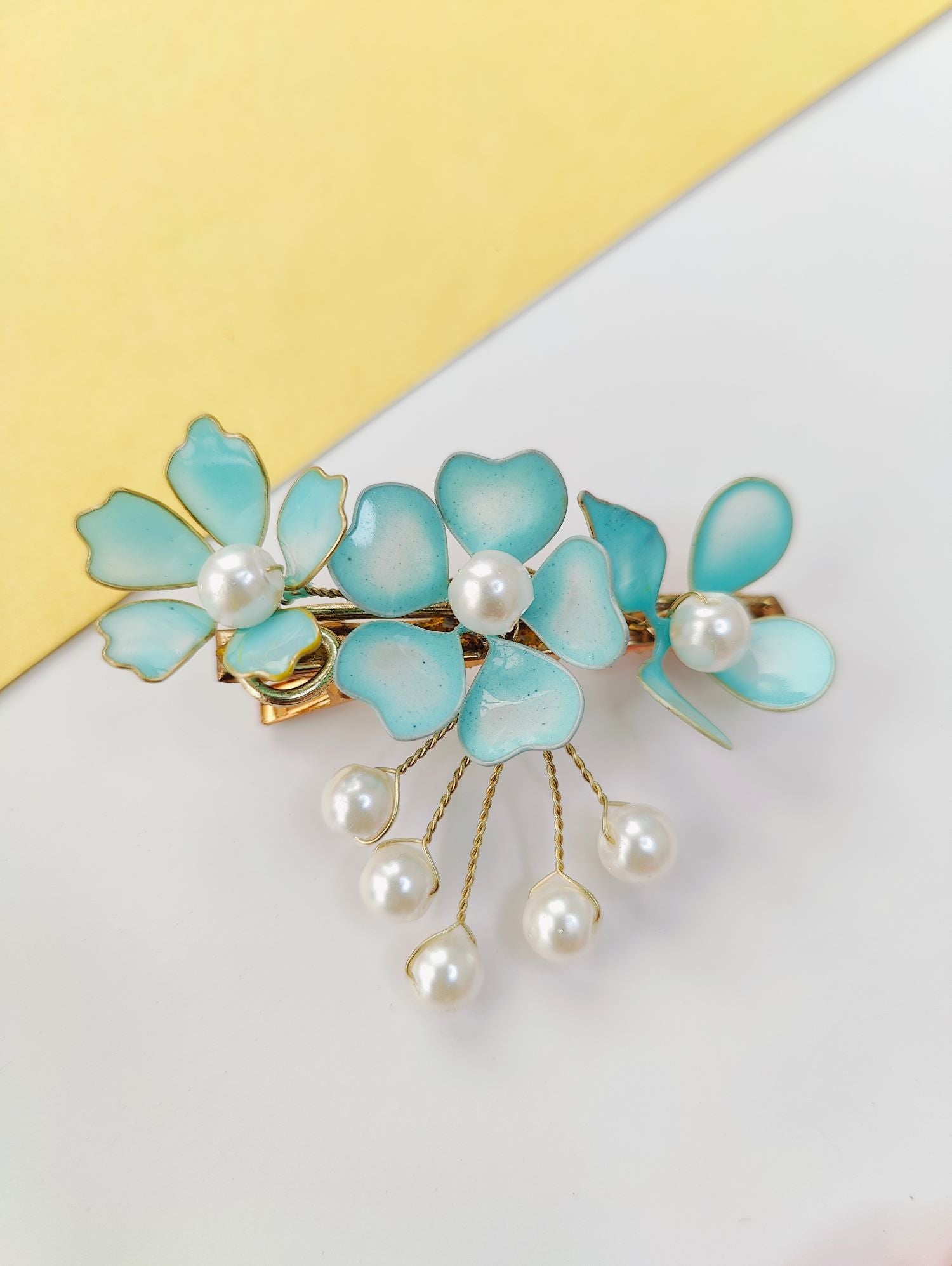 Handmade skyblue resin floral hair pin, trending wedding accessory for Indian brides, perfect for haldi or engagement