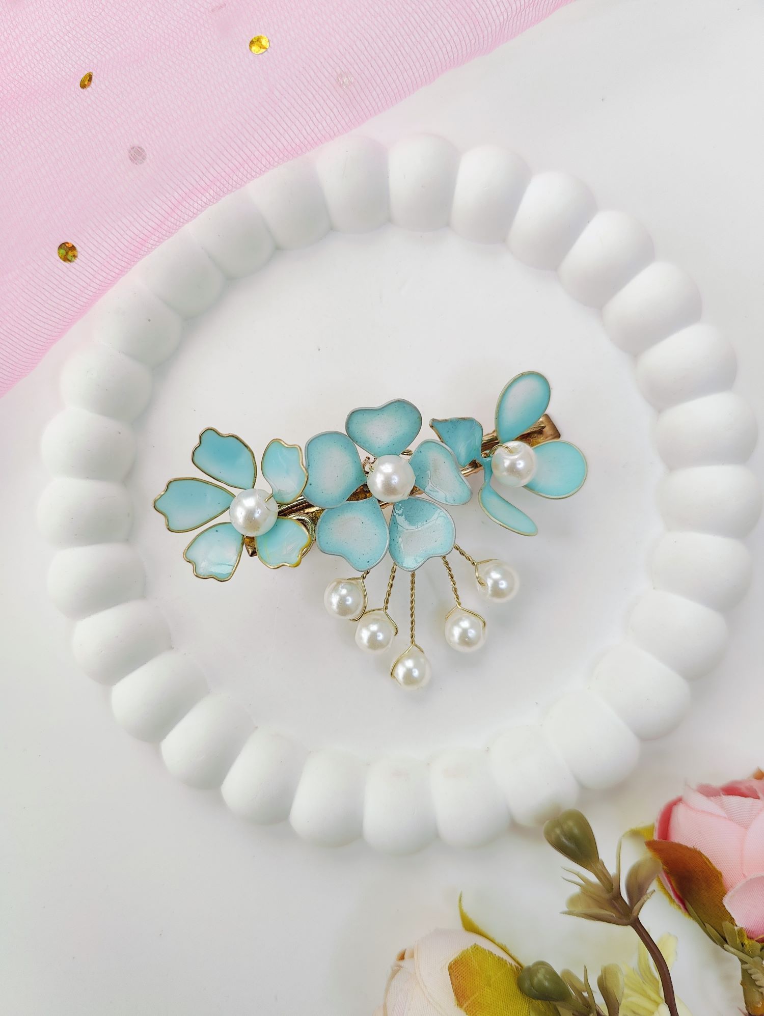 Handmade skyblue resin floral hair pin, trending wedding accessory for Indian brides, perfect for haldi or engagement