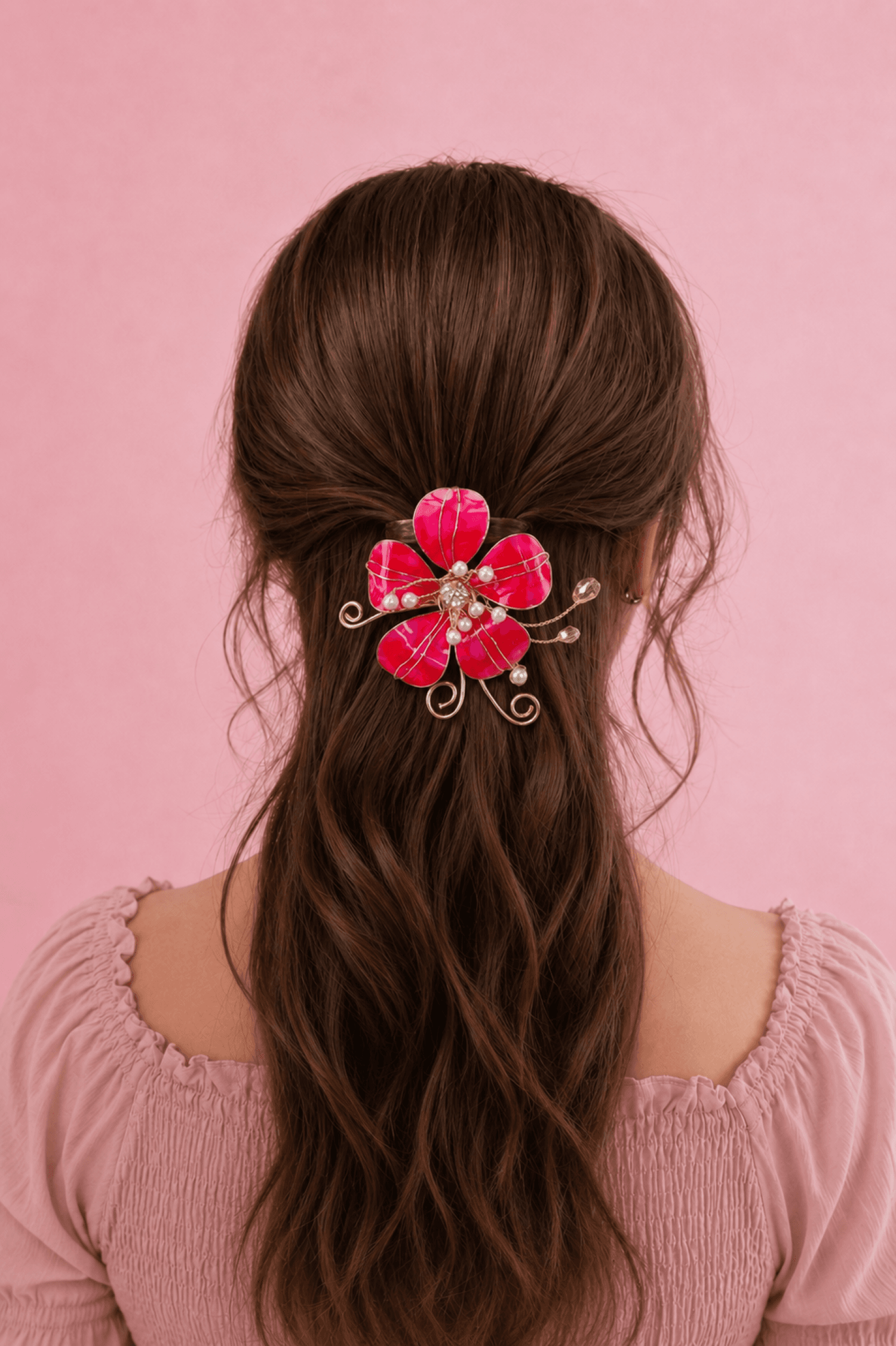 Handmade bright pink resin hair accessory, floral jewellery for weddings, trending bridal hair accessories India 2026