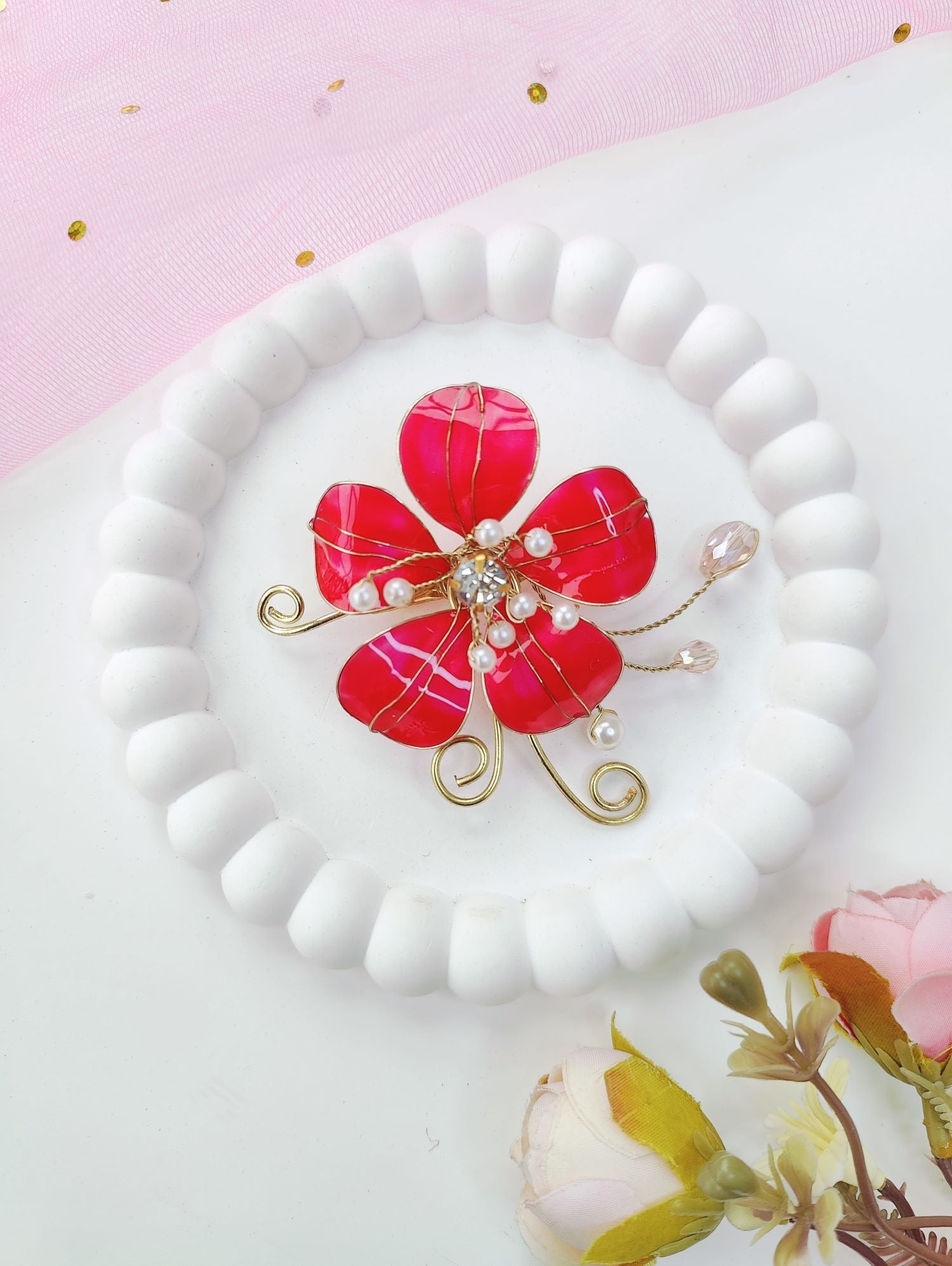 Handmade bright pink resin hair accessory, floral jewellery for weddings, trending bridal hair accessories India 2026