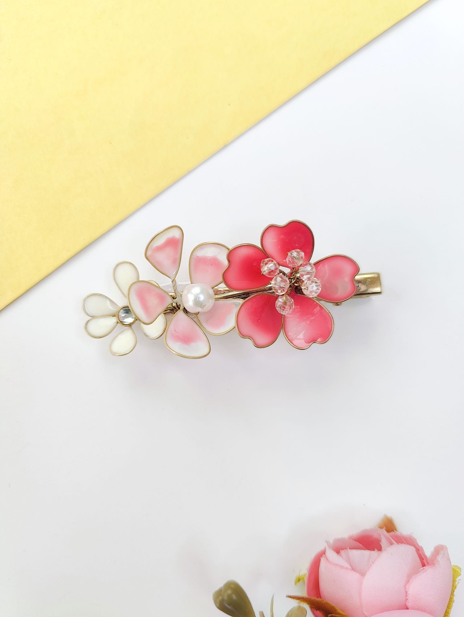 baby pink white resin jewellery floral hair clip, lightweight