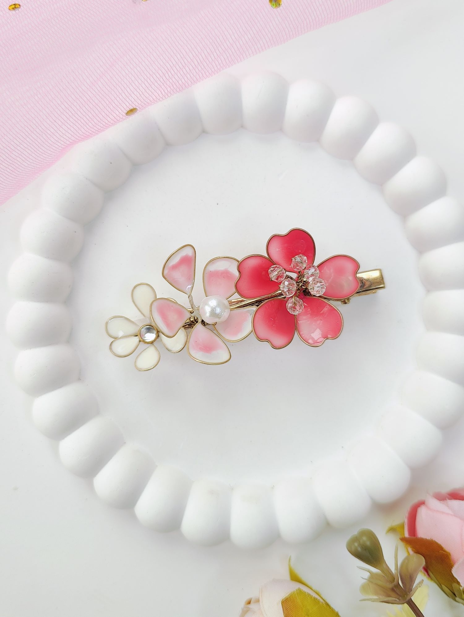 baby pink white resin jewellery floral hair clip, lightweight