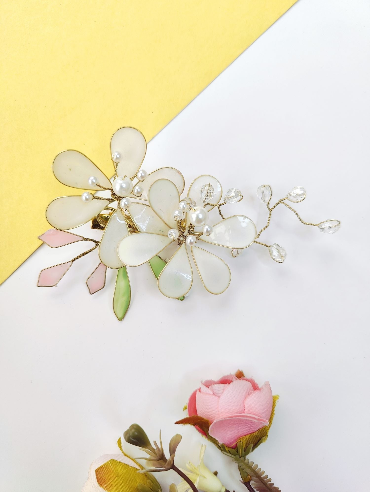 white and green resin jewellery floral hair clip, lightweight