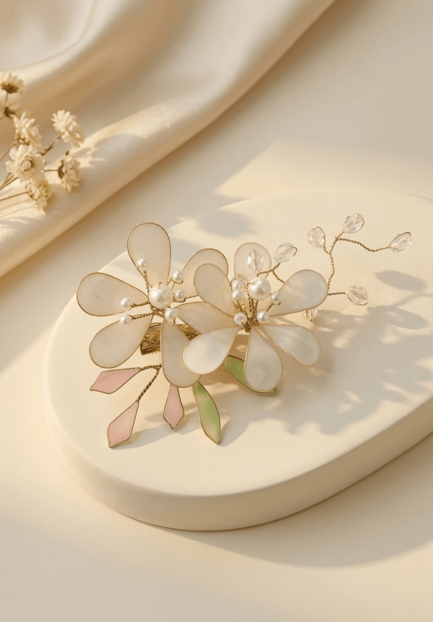 white and green resin jewellery floral hair clip, lightweight
