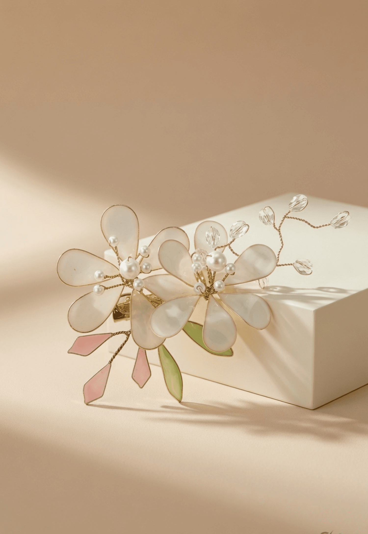 white and green resin jewellery floral hair clip, lightweight