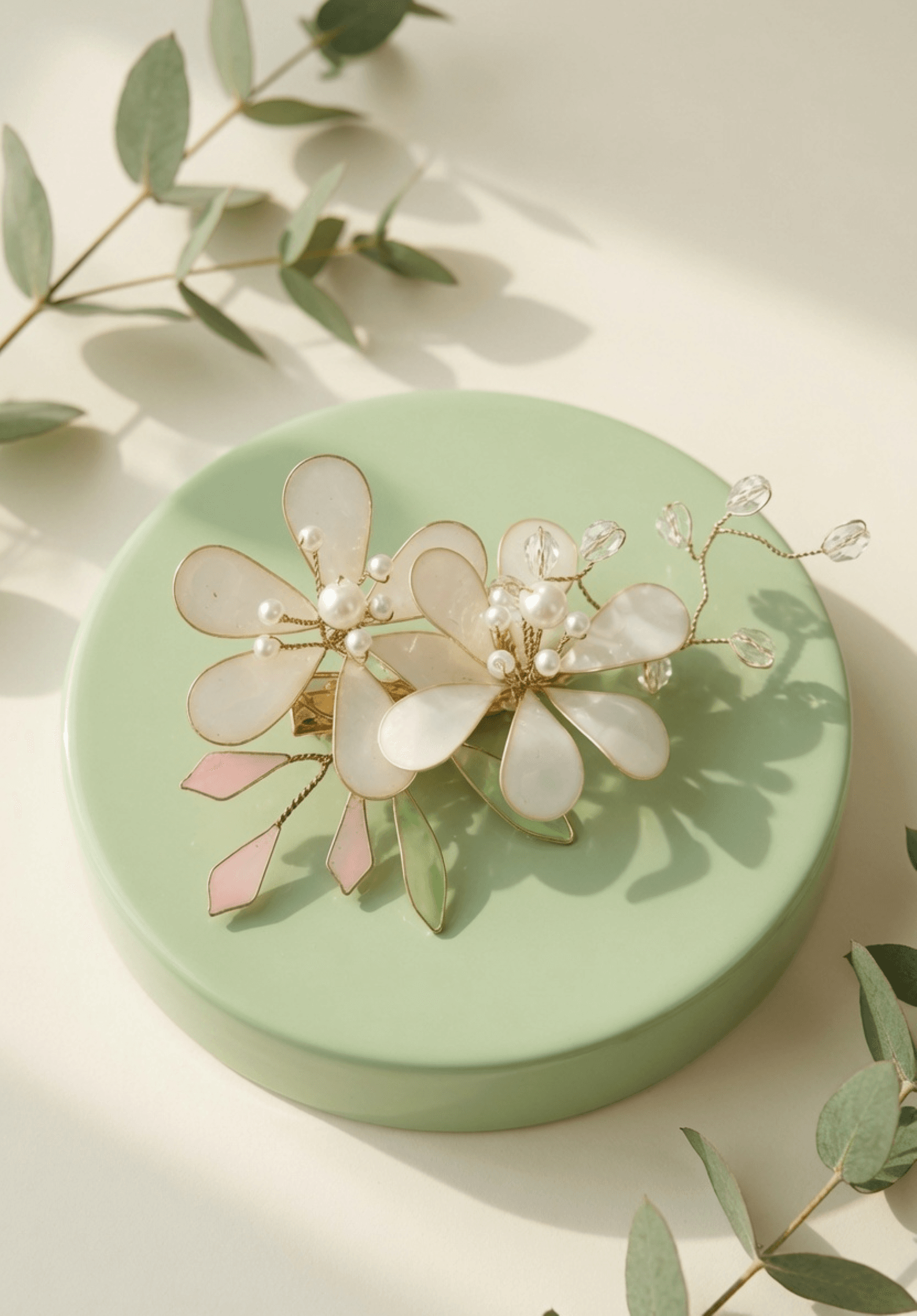 white and green resin jewellery floral hair clip, lightweight