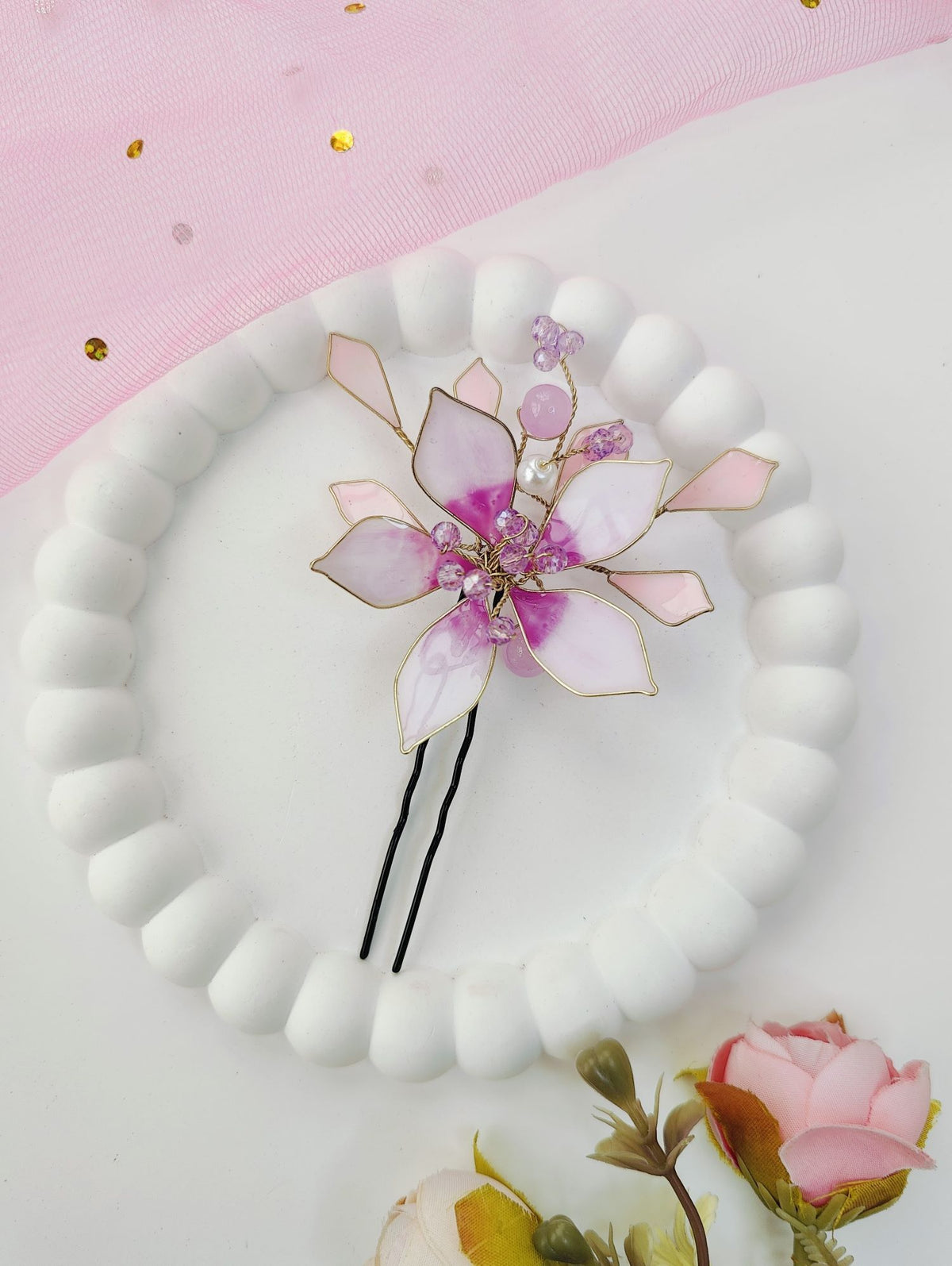 purple resin floral jewellery set of two lightweight hair pins