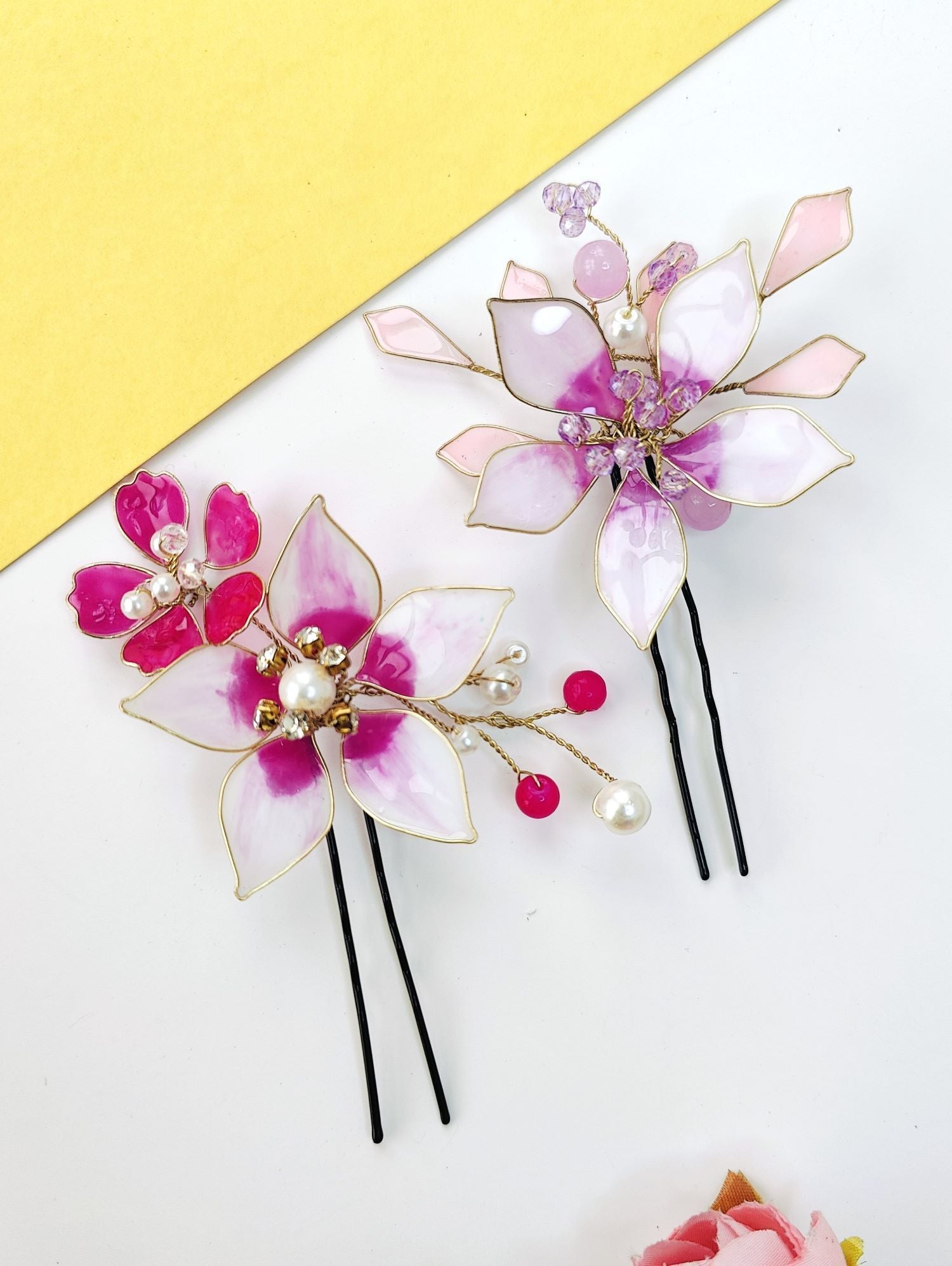purple resin floral jewellery set of two lightweight hair pins
