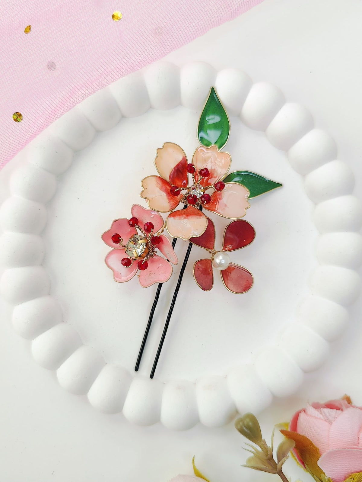 Brown and white resin floral jewellery hair pins, set of two