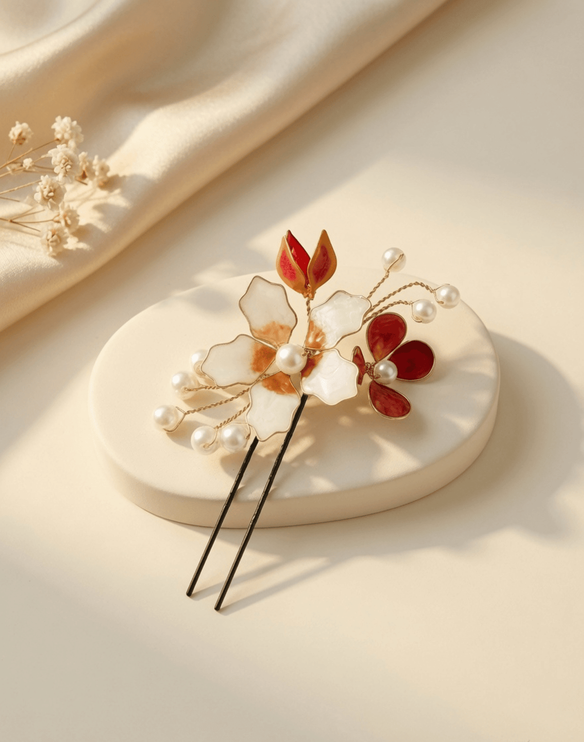 Brown and white resin floral jewellery hair pins, set of two