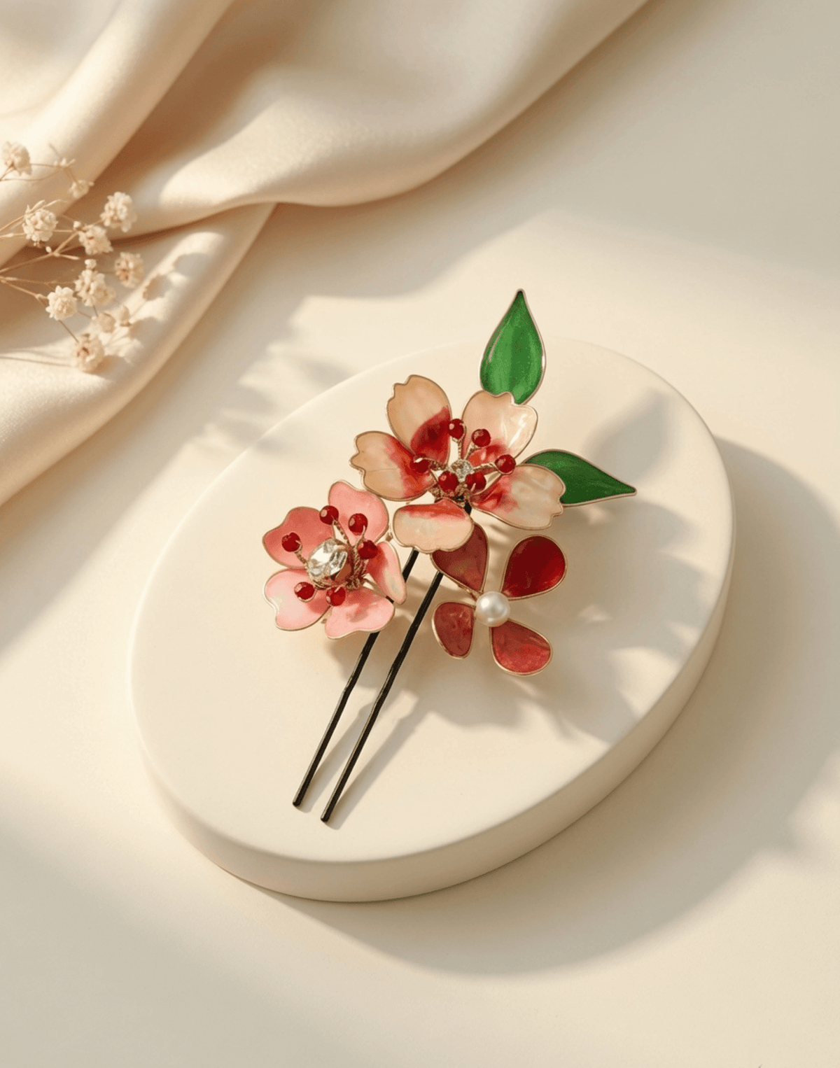 Brown and white resin floral jewellery hair pins, set of two