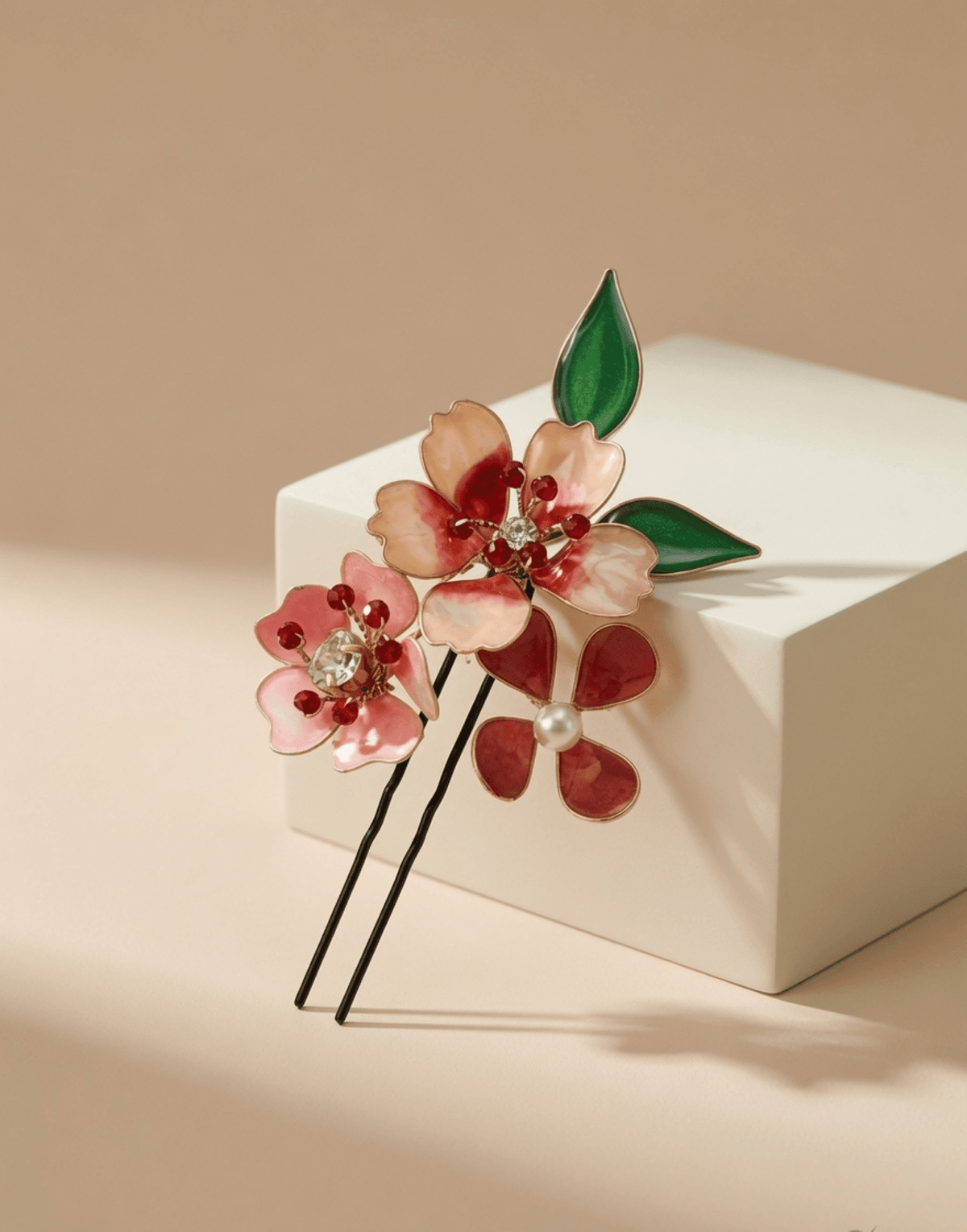 Brown and white resin floral jewellery hair pins, set of two
