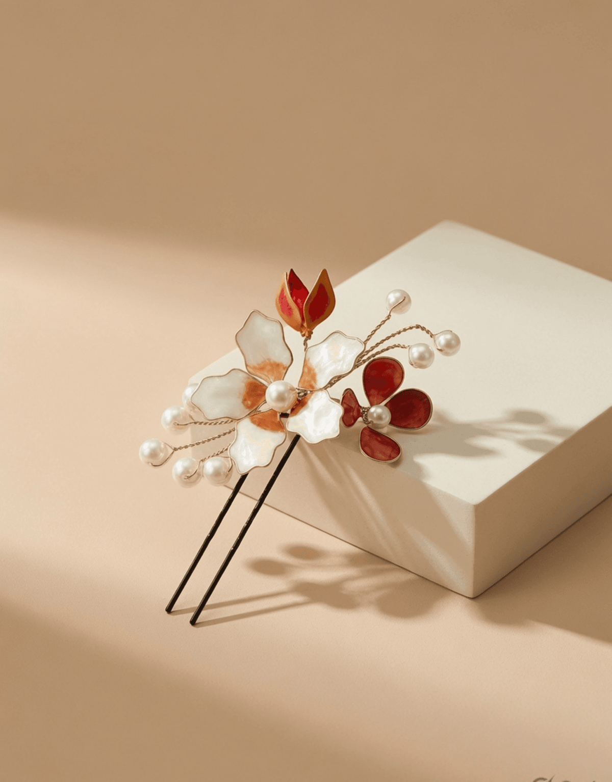 Brown and white resin floral jewellery hair pins, set of two