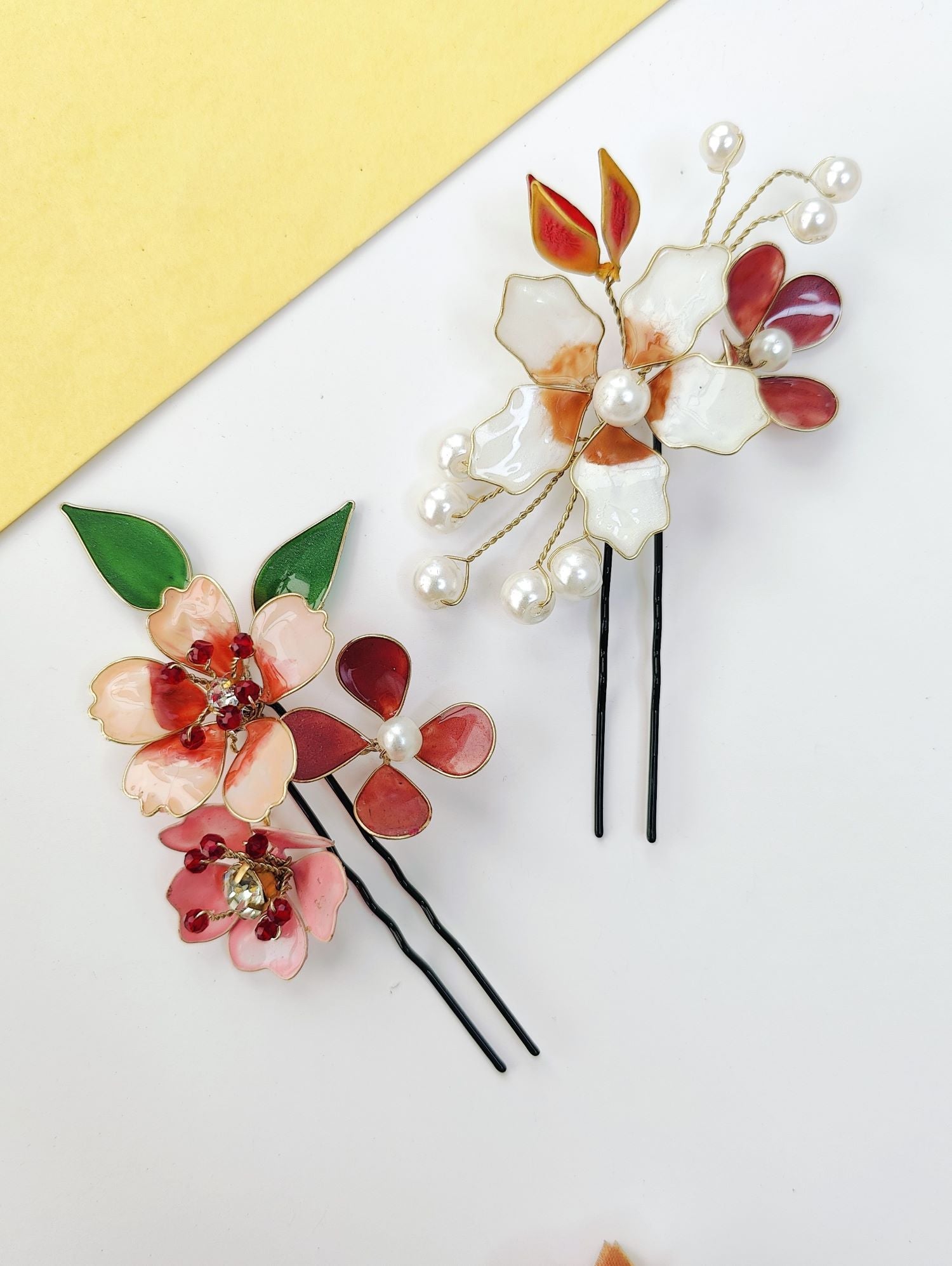 Brown and white resin floral jewellery hair pins, set of two