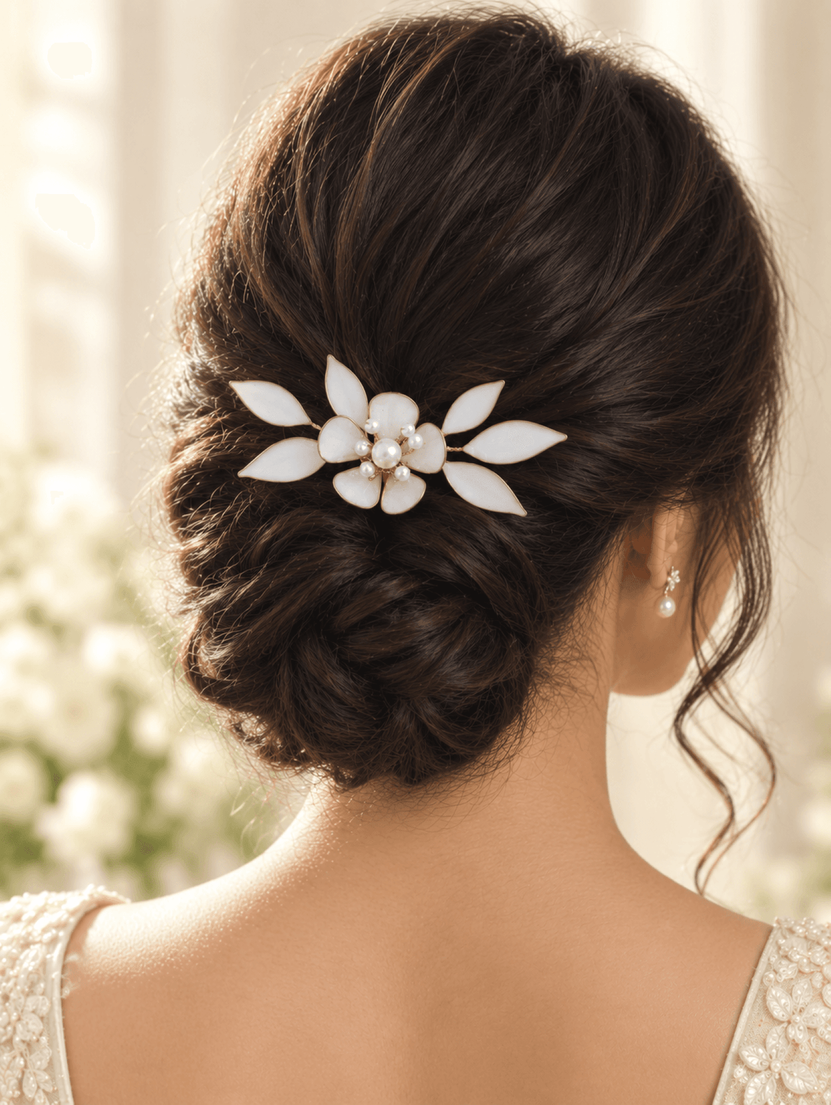 White and pink floral resin hair comb for women, wedding or haldi accessory, gold plated, polished finish
