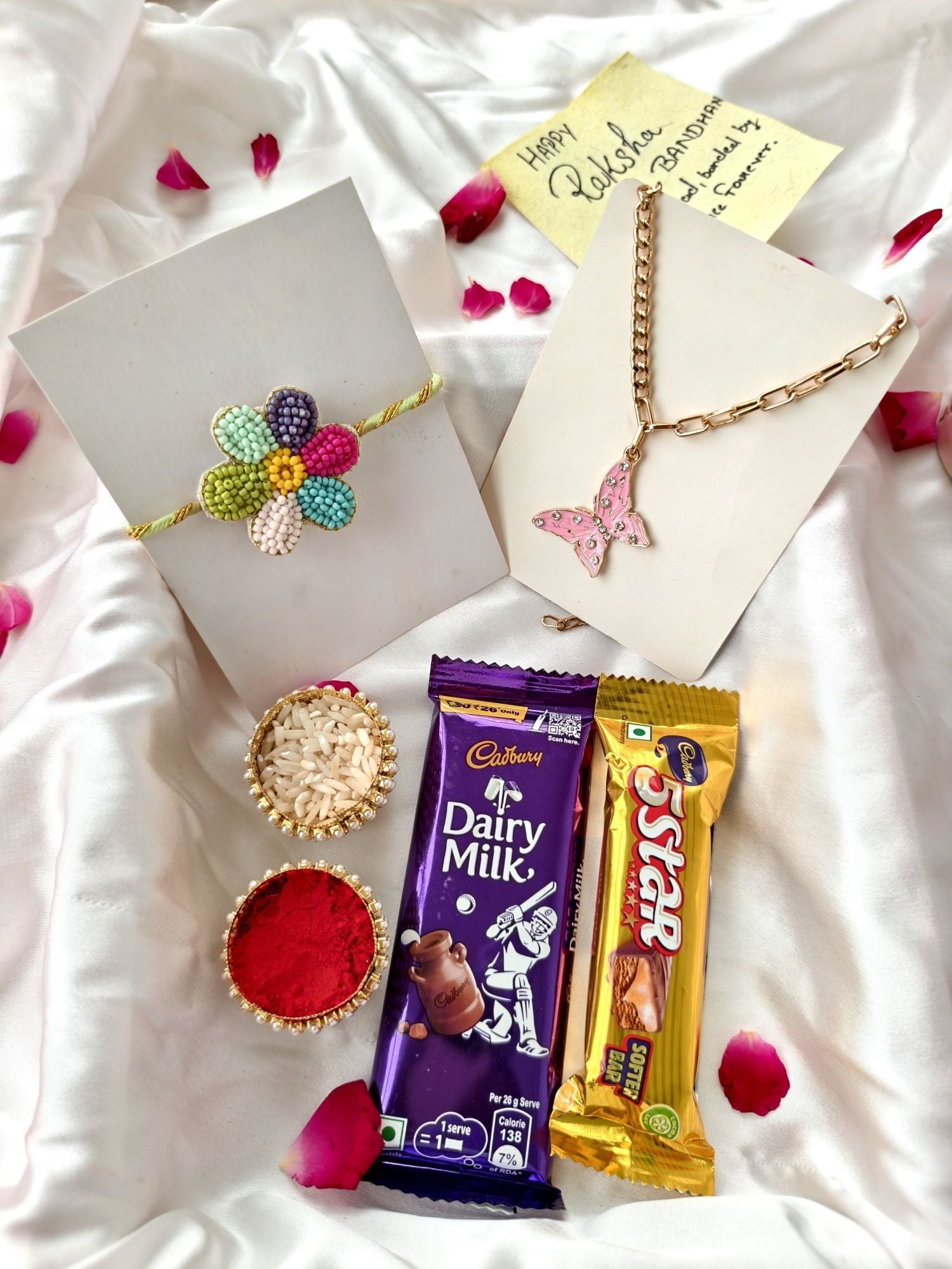 Multi color flower Rakhi with chocolate gift hamper, handmade Rakhi set for sister, Rakhi 2026 with roli chawal
