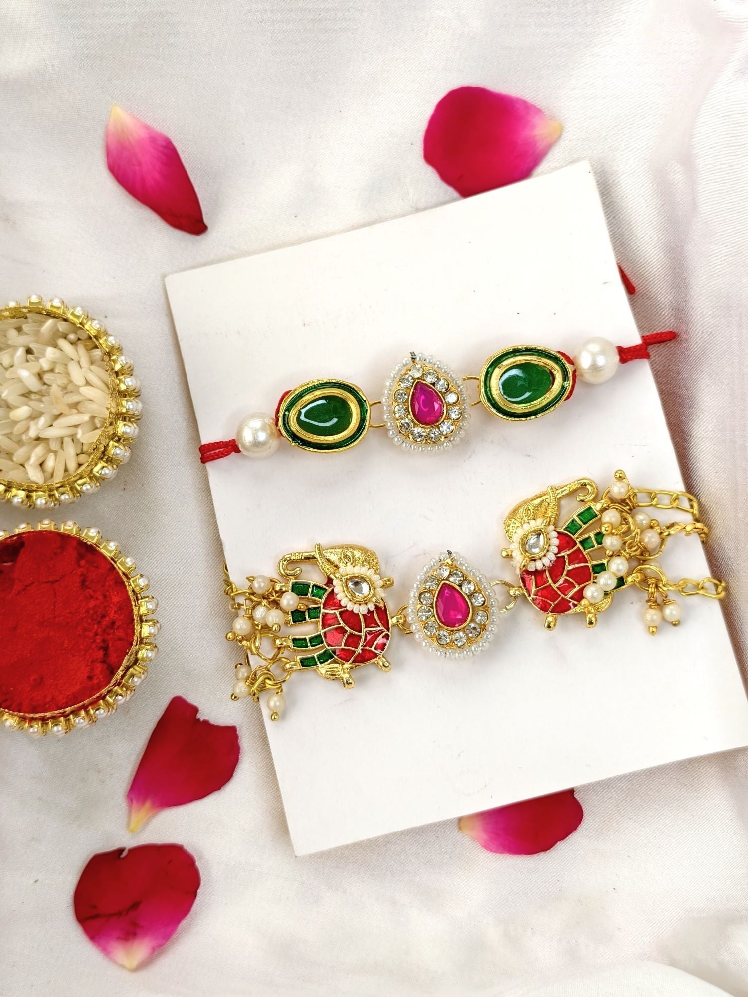 Elephant Kundan Rakhi hamper set of 2 for brother and bhabhi