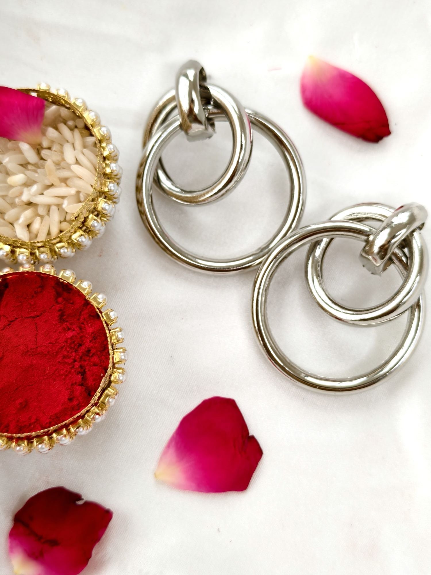 Red stone silver rakhi hamper set of 2 with chocolate for brother
