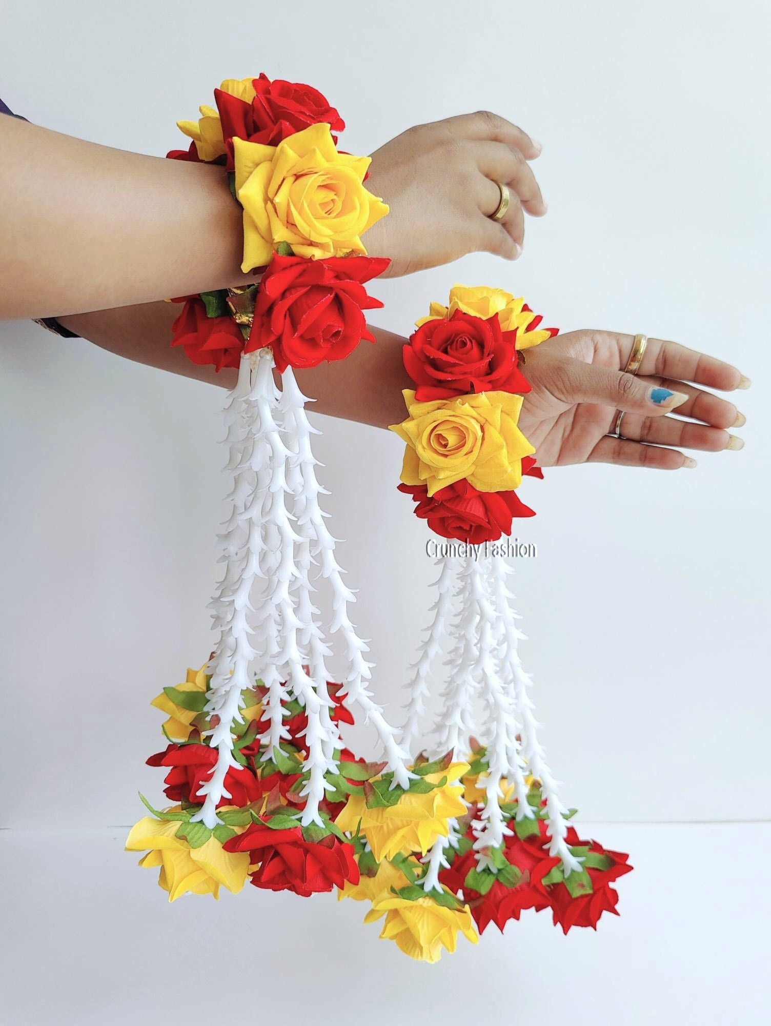 27cm Floral Bridal Kalire in Red & Yellow, w/ artificial flowers & pearls for Haldi, Mehandi, Baby Shower & Weddings