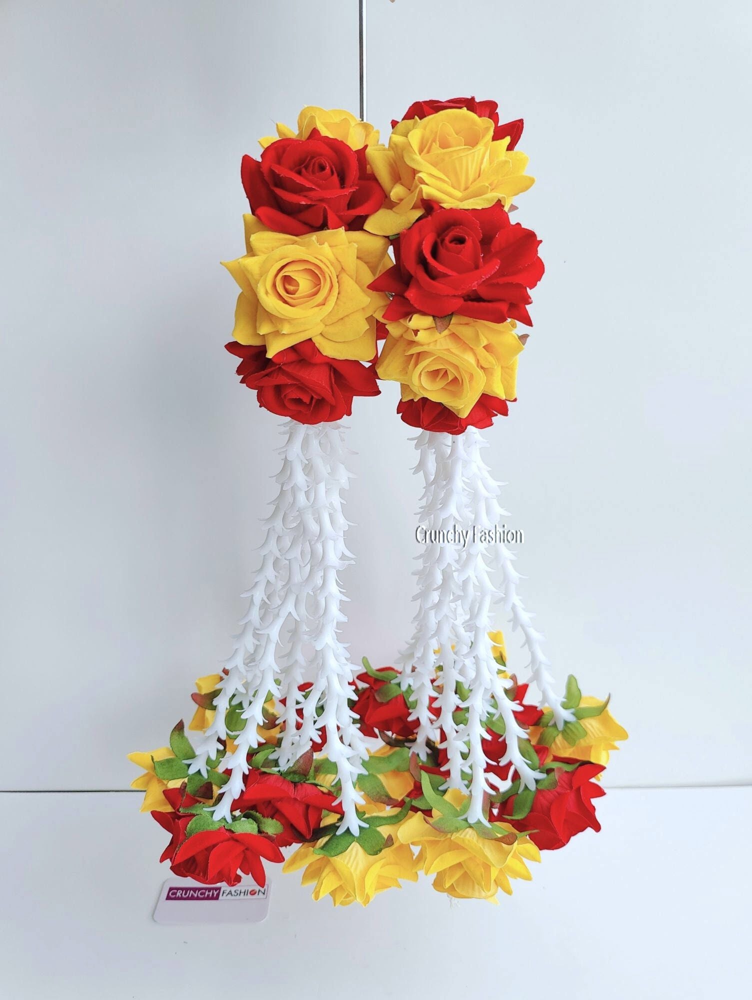27cm Floral Bridal Kalire in Red & Yellow, w/ artificial flowers & pearls for Haldi, Mehandi, Baby Shower & Weddings