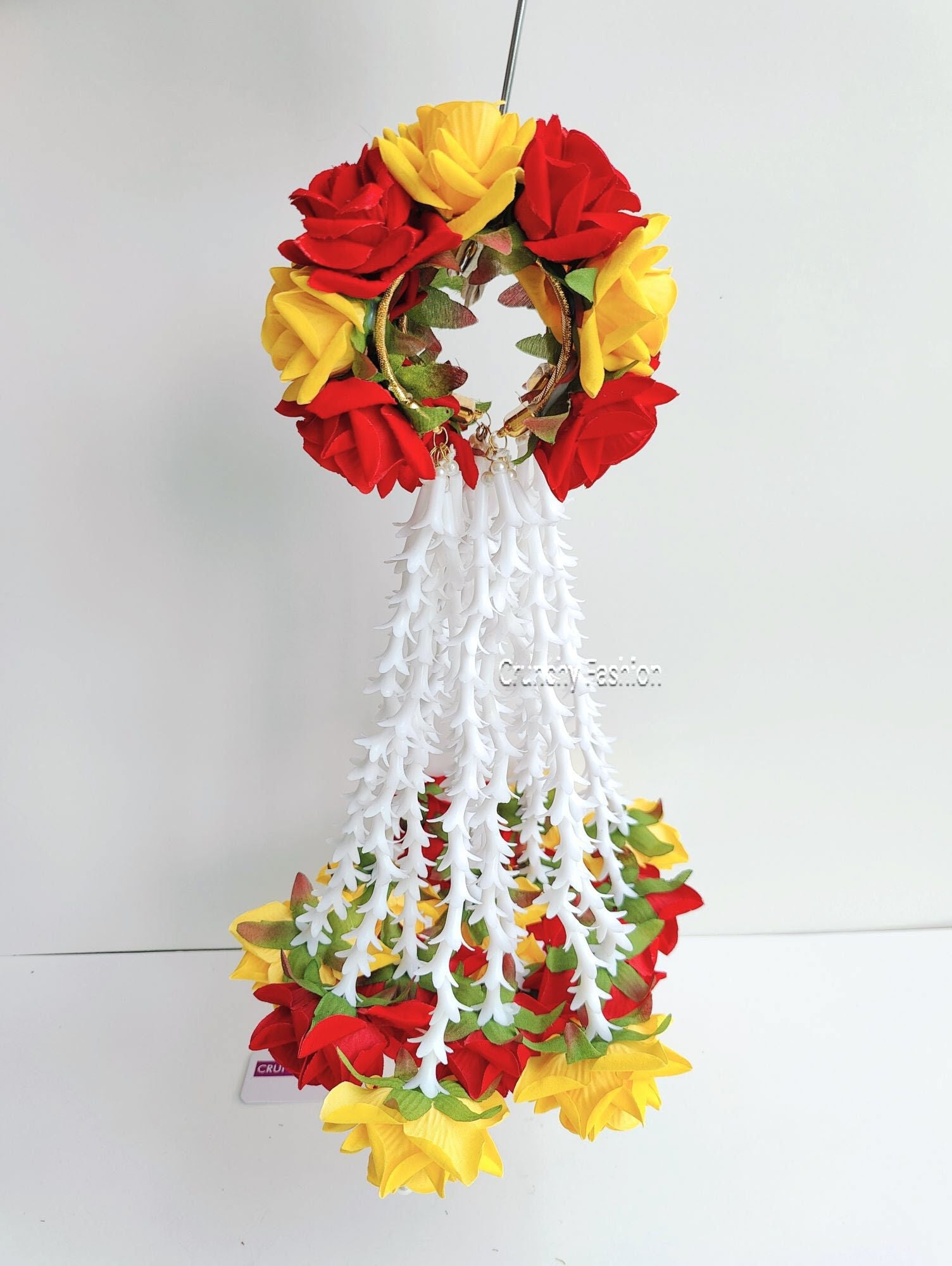 27cm Floral Bridal Kalire in Red & Yellow, w/ artificial flowers & pearls for Haldi, Mehandi, Baby Shower & Weddings