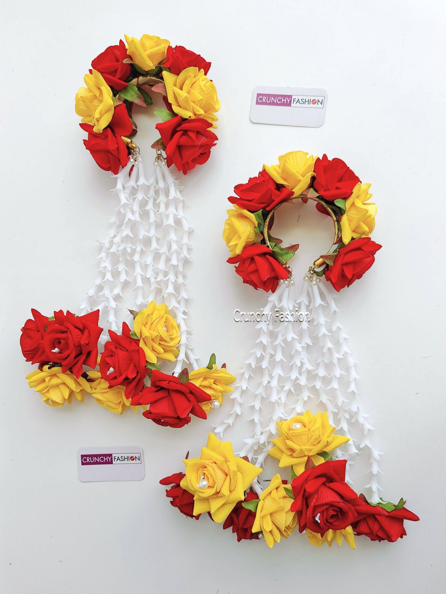 27cm Floral Bridal Kalire in Red & Yellow, w/ artificial flowers & pearls for Haldi, Mehandi, Baby Shower & Weddings