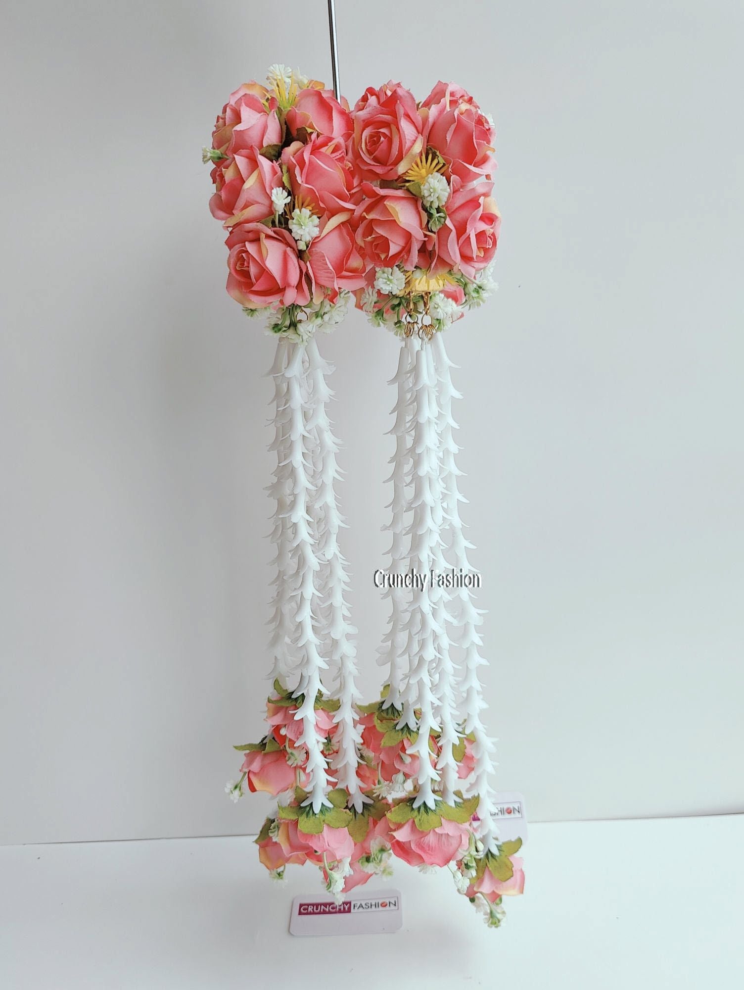 Designer Bridal Kalire in Peach color, adorned with Pastel Pink Roses and Pearls, perfect for Haldi and Wedding occasions