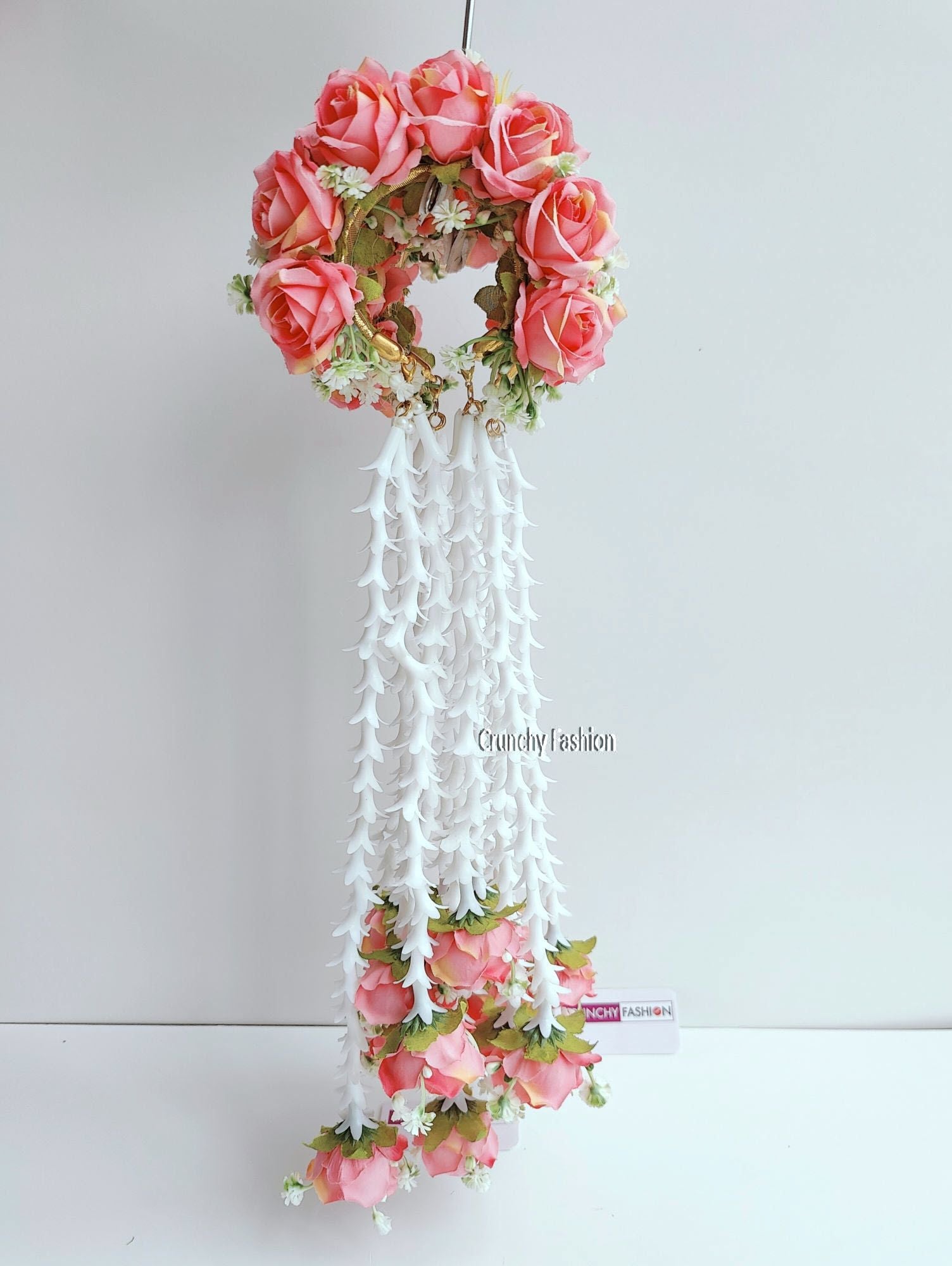 Designer Bridal Kalire in Peach color, adorned with Pastel Pink Roses and Pearls, perfect for Haldi and Wedding occasions