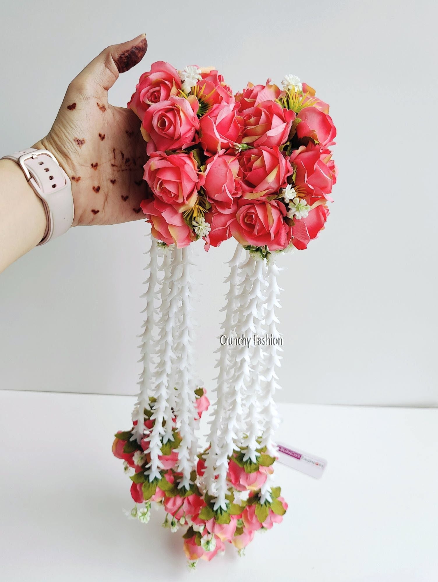 Designer Bridal Kalire in Peach color, adorned with Pastel Pink Roses and Pearls, perfect for Haldi and Wedding occasions