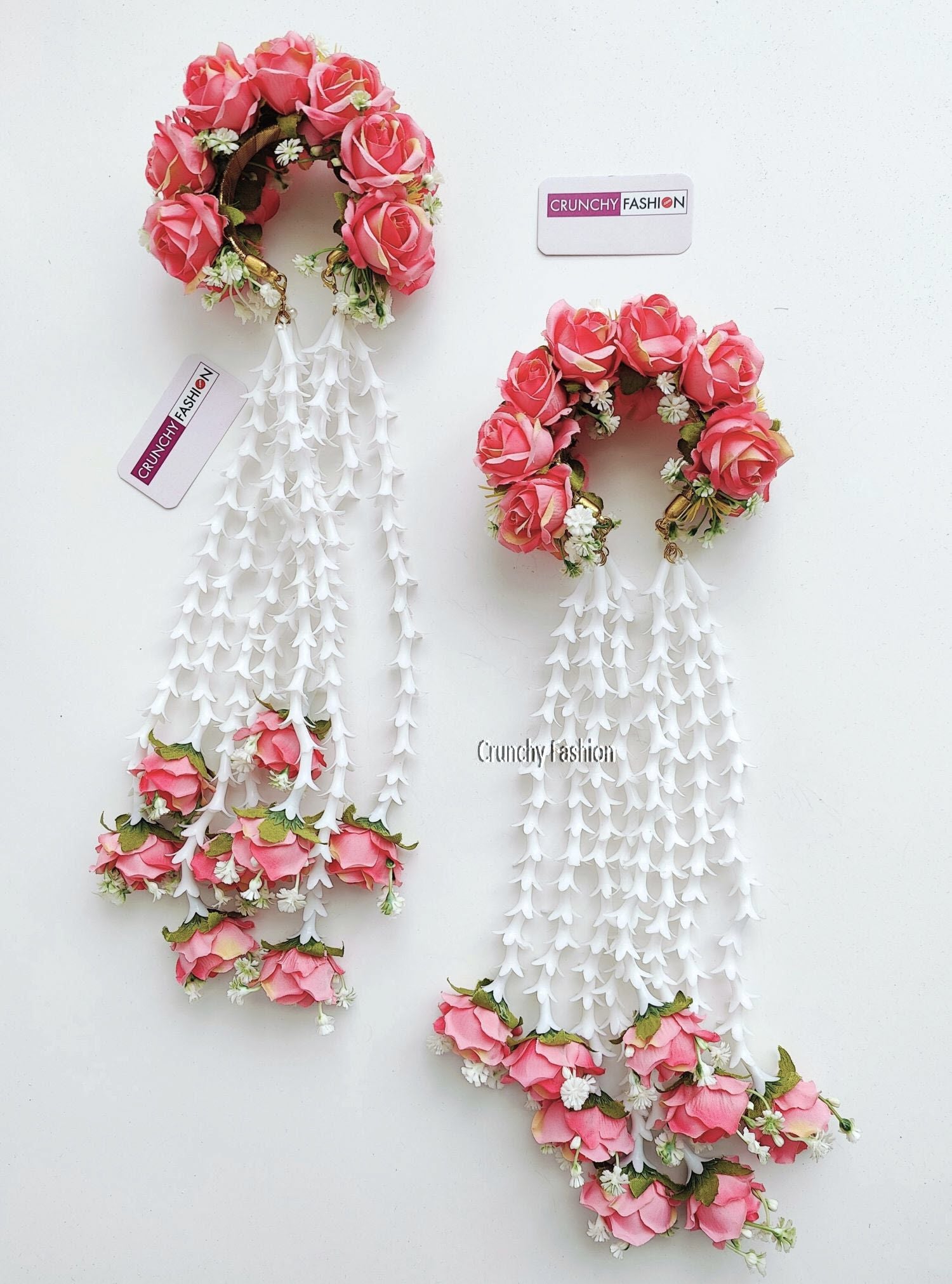 Designer Bridal Kalire in Peach color, adorned with Pastel Pink Roses and Pearls, perfect for Haldi and Wedding occasions