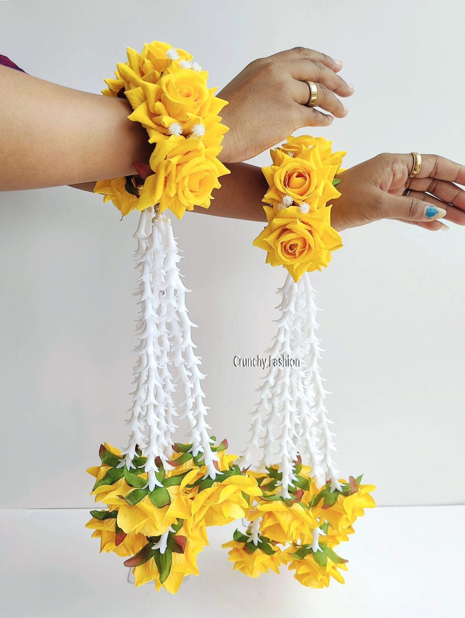 Designer Bridal Kalire in yellow floral design with pearls for women, ideal for haldi and wedding occasions