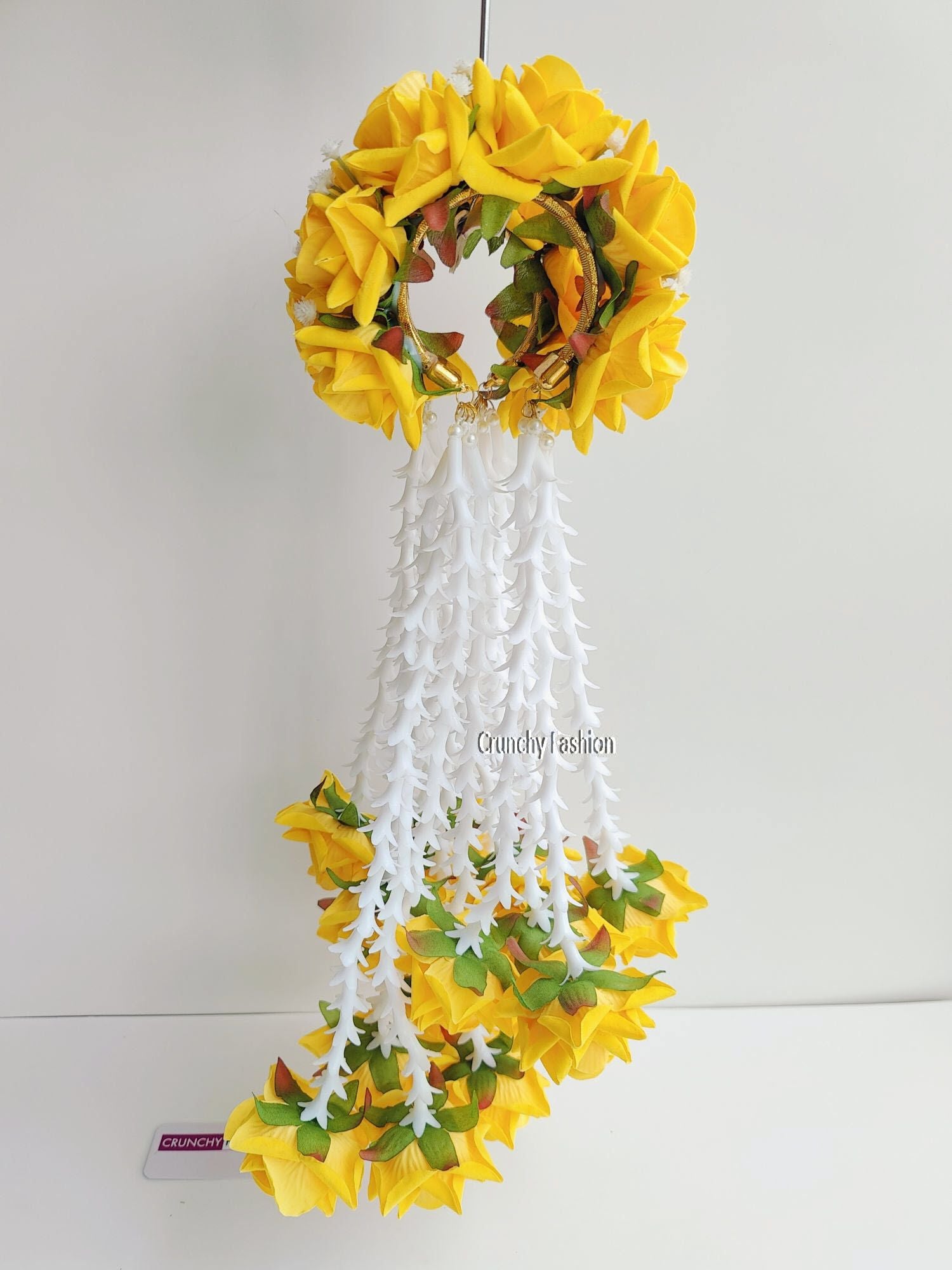 Designer Bridal Kalire in yellow floral design with pearls for women, ideal for haldi and wedding occasions