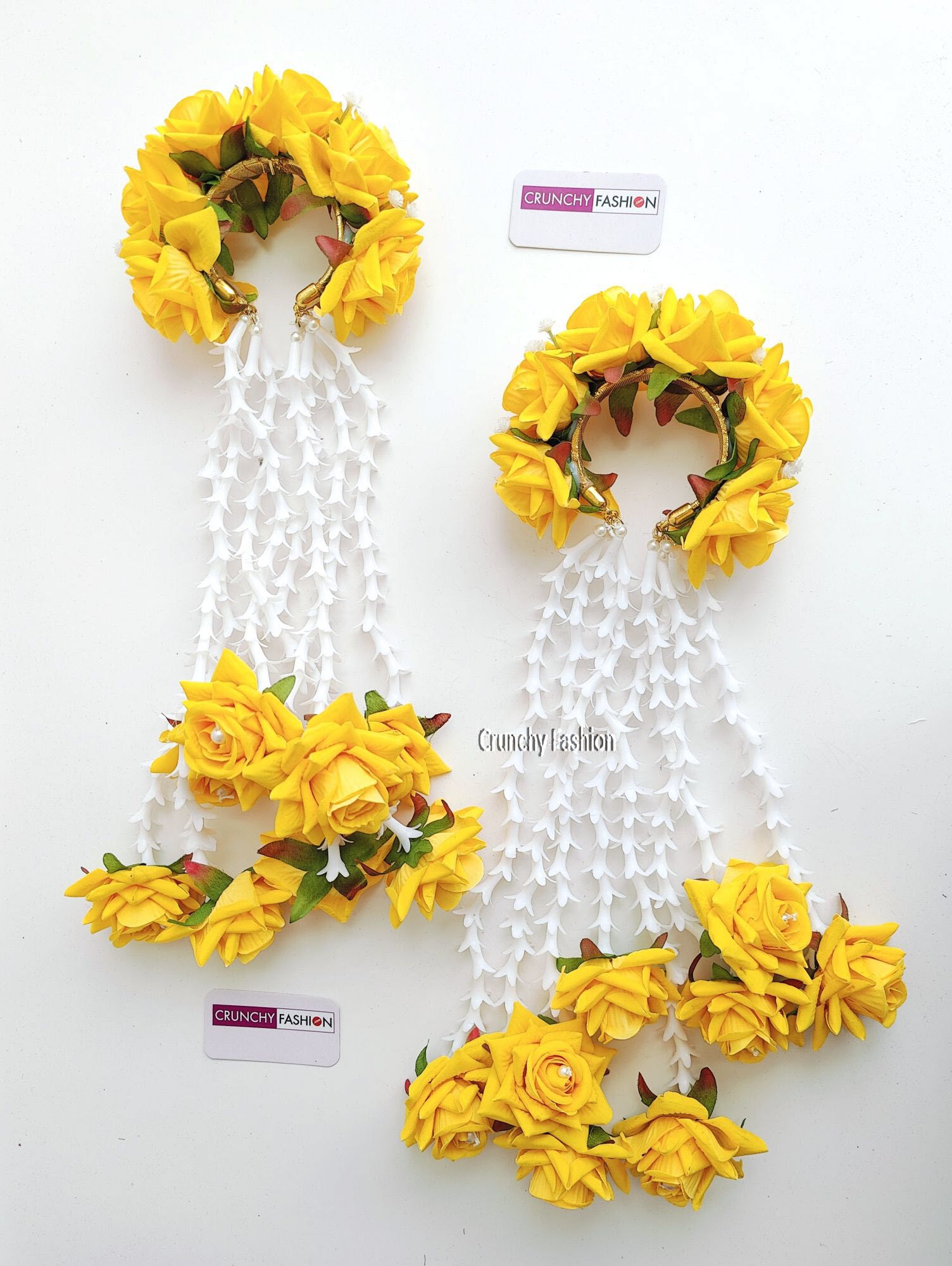 Designer Bridal Kalire in yellow floral design with pearls for women, ideal for haldi and wedding occasions