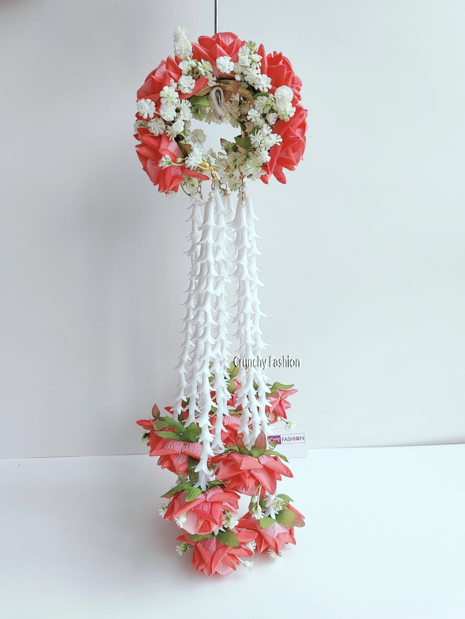 Designer bridal Kalire in pink, yellow, white, perfect for weddings & haldi, made from artificial flowers & pearls.