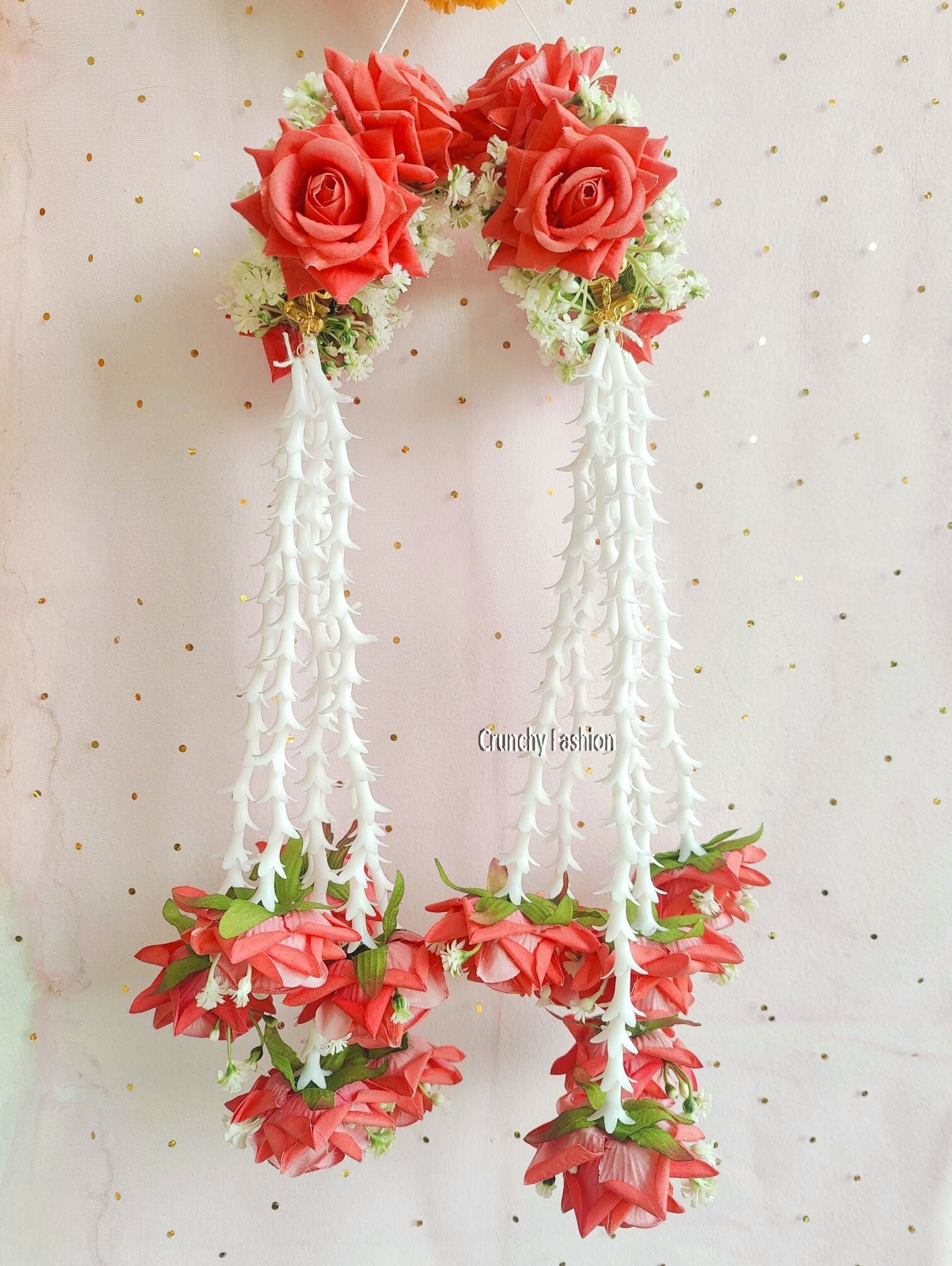 Designer bridal Kalire in pink, yellow, white, perfect for weddings & haldi, made from artificial flowers & pearls.