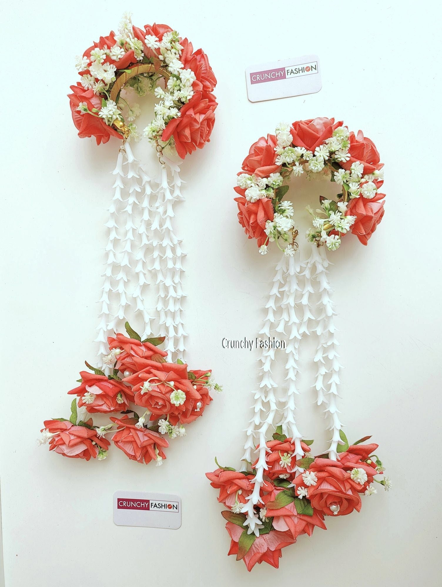 Designer bridal Kalire in pink, yellow, white, perfect for weddings & haldi, made from artificial flowers & pearls.