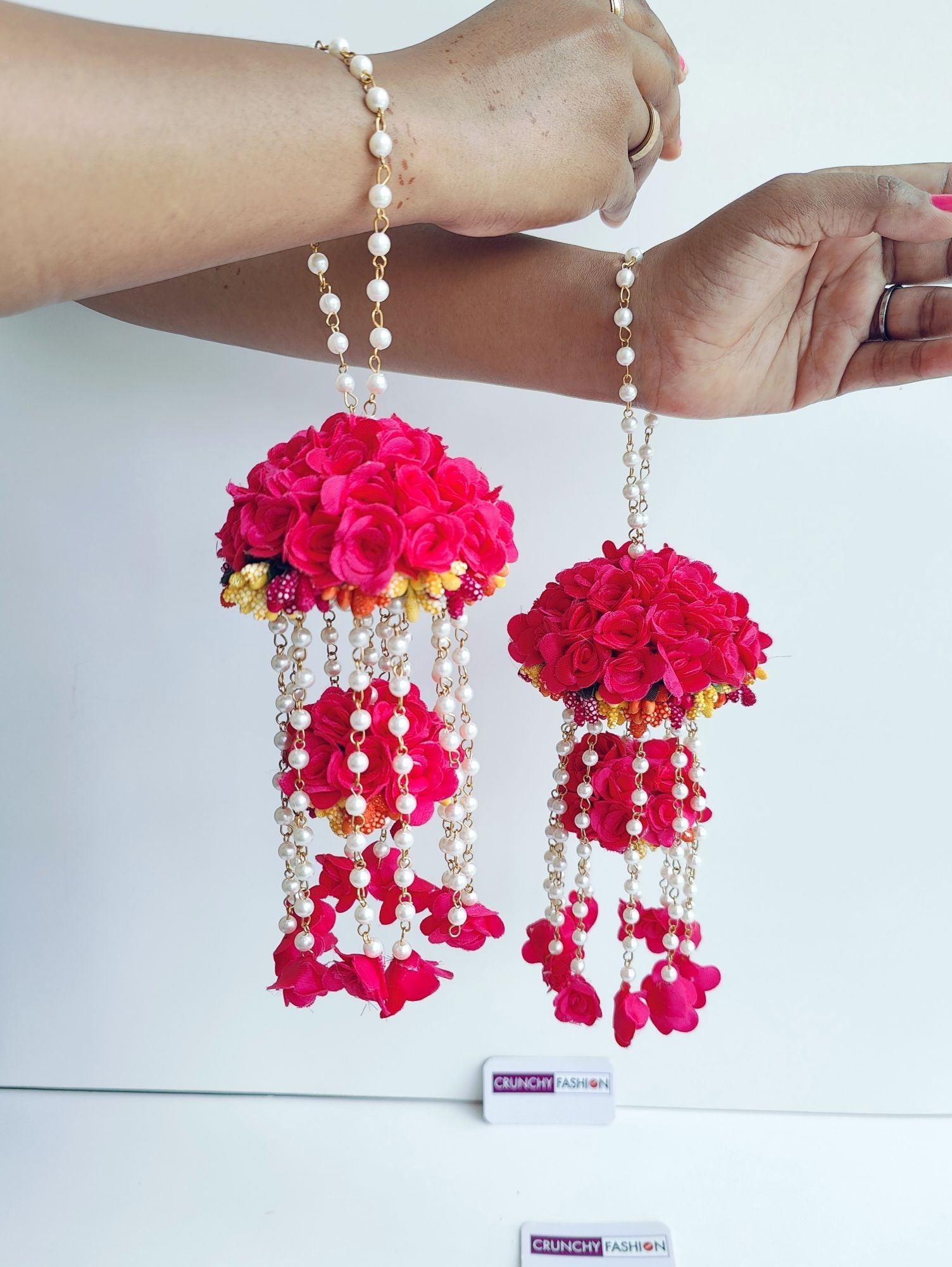 Pink bridal kaleere with pink Flowers, 27cm length, for women, ideal for haldi, mehndi, baby shower & wedding.