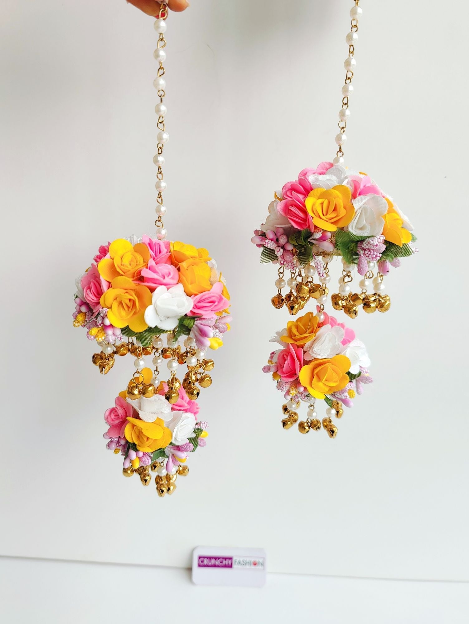 Elegant Pink-Yellow Bridal Kaleere with Floral design and pearls, Ideal for Haldi and Wedding, Shop now.