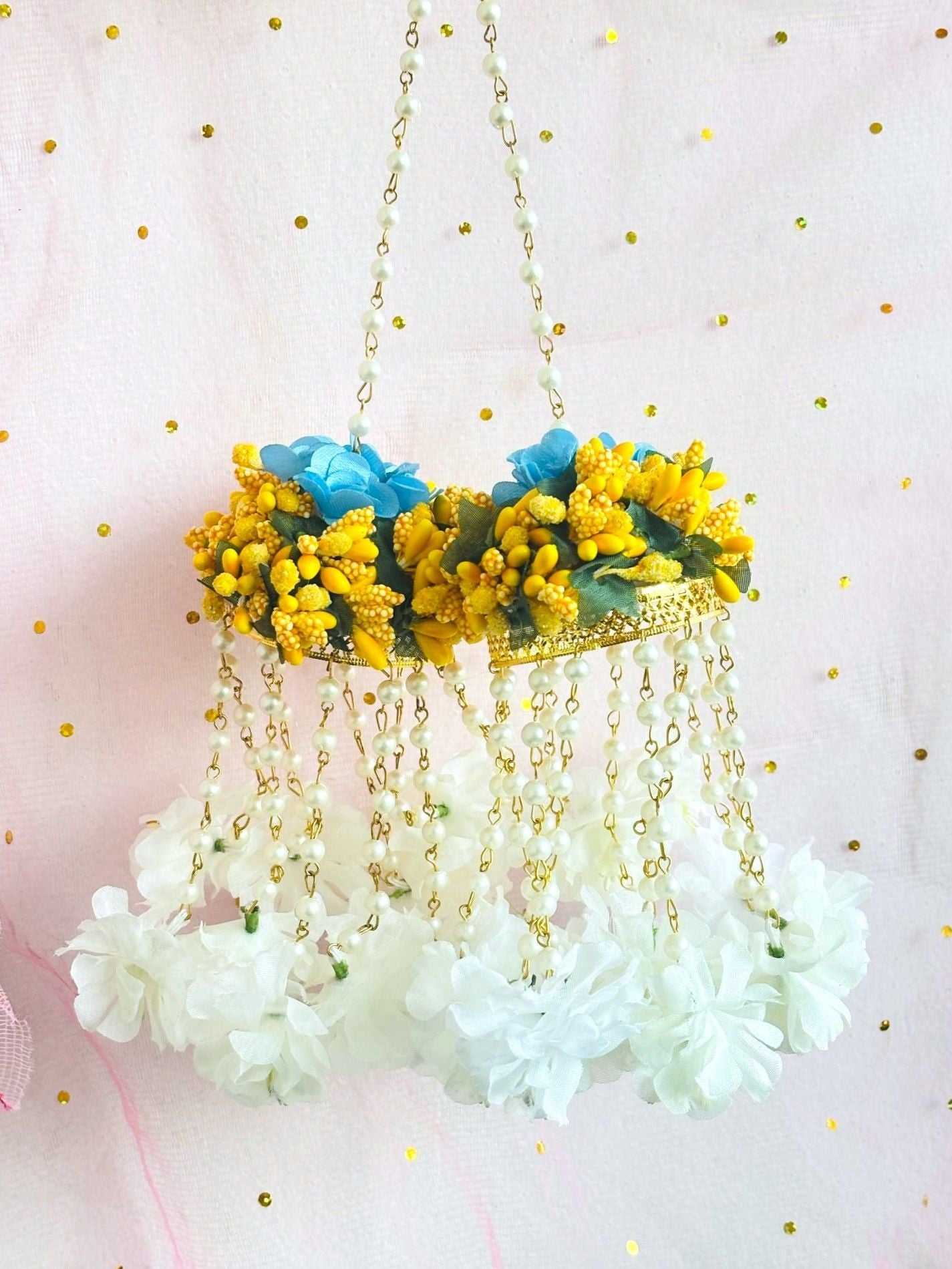 Designer Bridal Kalire in Yellow-White floral design for Haldi, Mehandi, weddings, made of artificial flowers and pearl