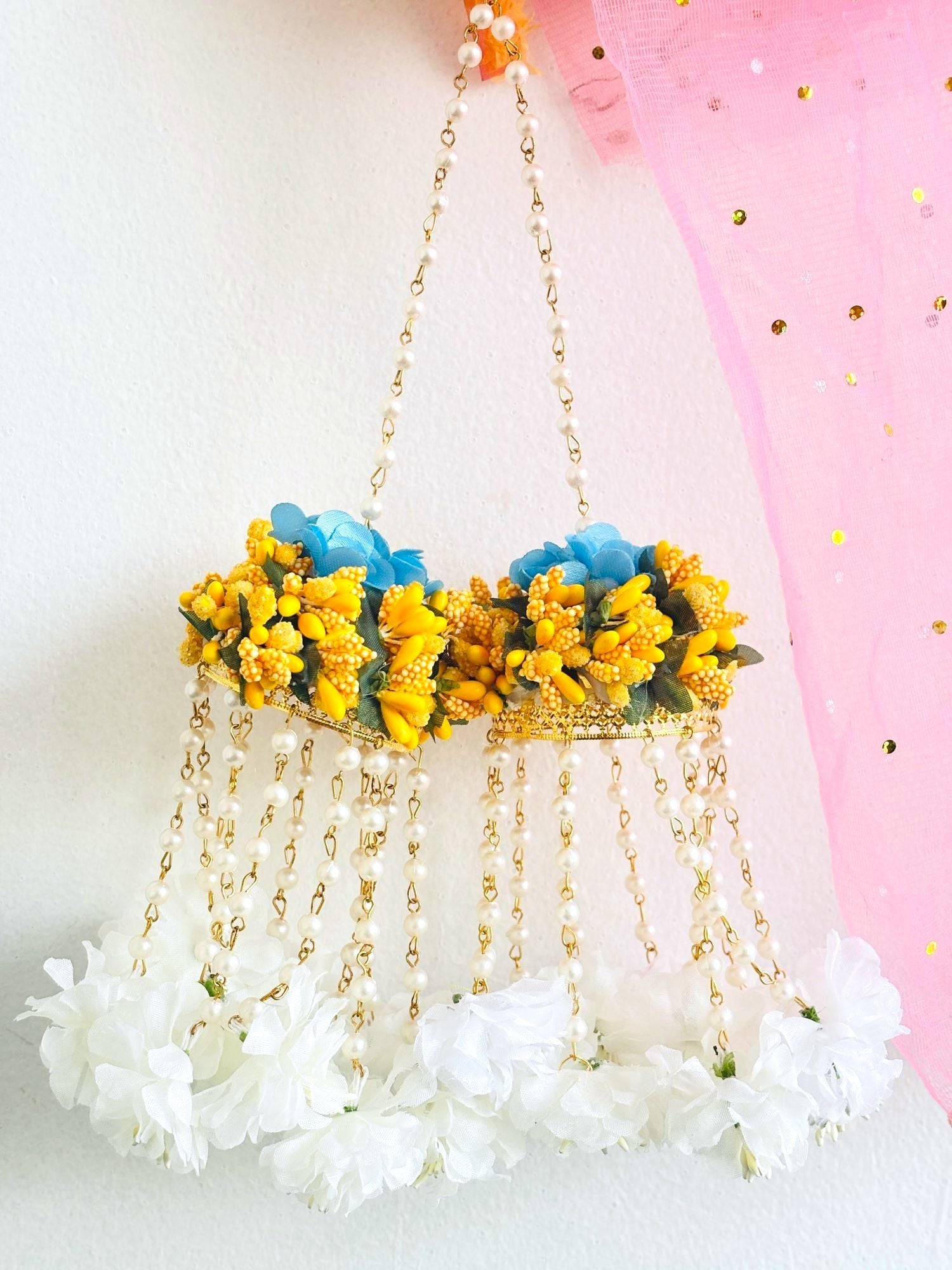 Designer Bridal Kalire in Yellow-White floral design for Haldi, Mehandi, weddings, made of artificial flowers and pearl