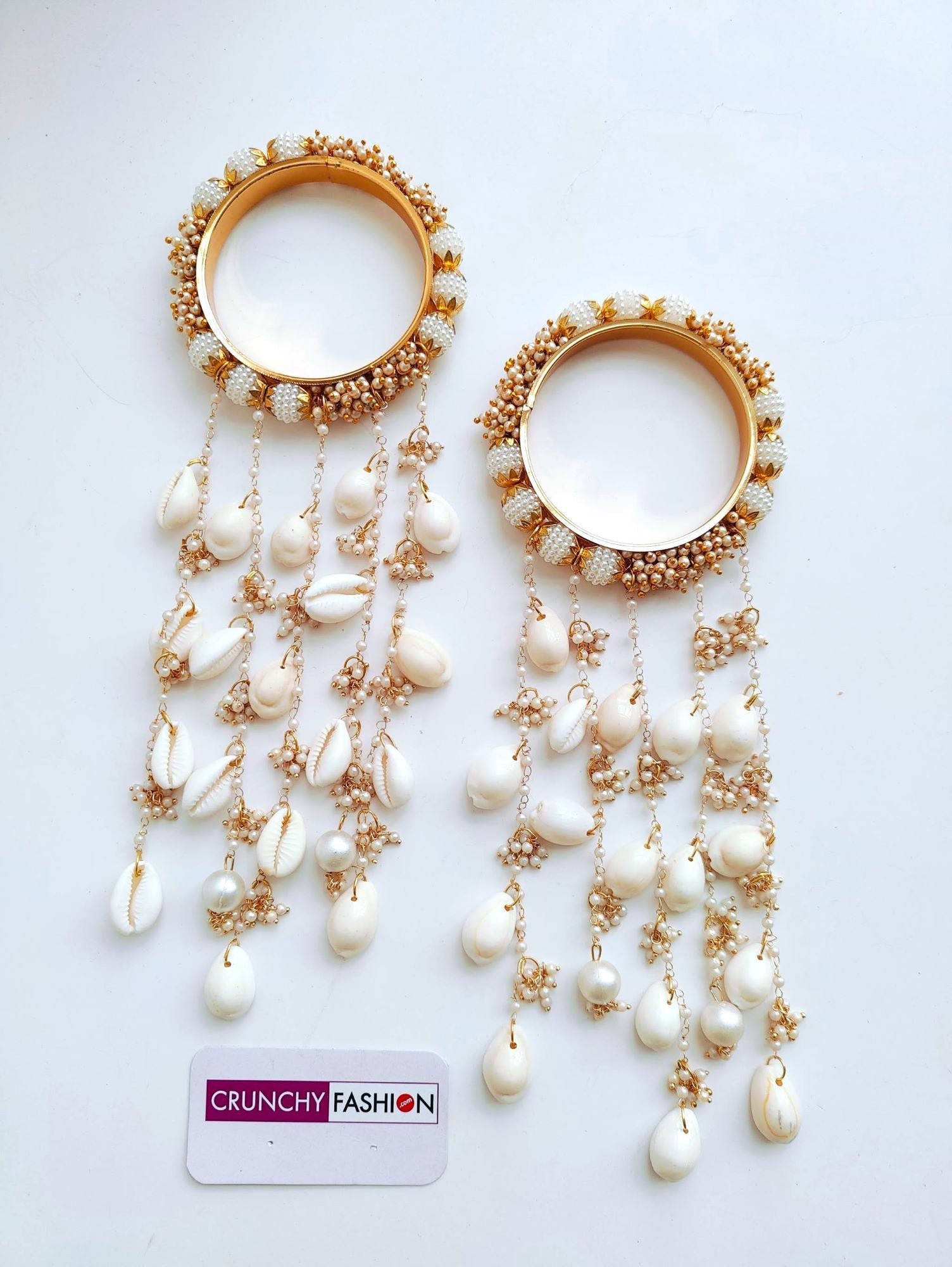Designer pair of white gold bridal kaleere, floral theme, handmade with pearls, shells, ideal for weddings, haldi.