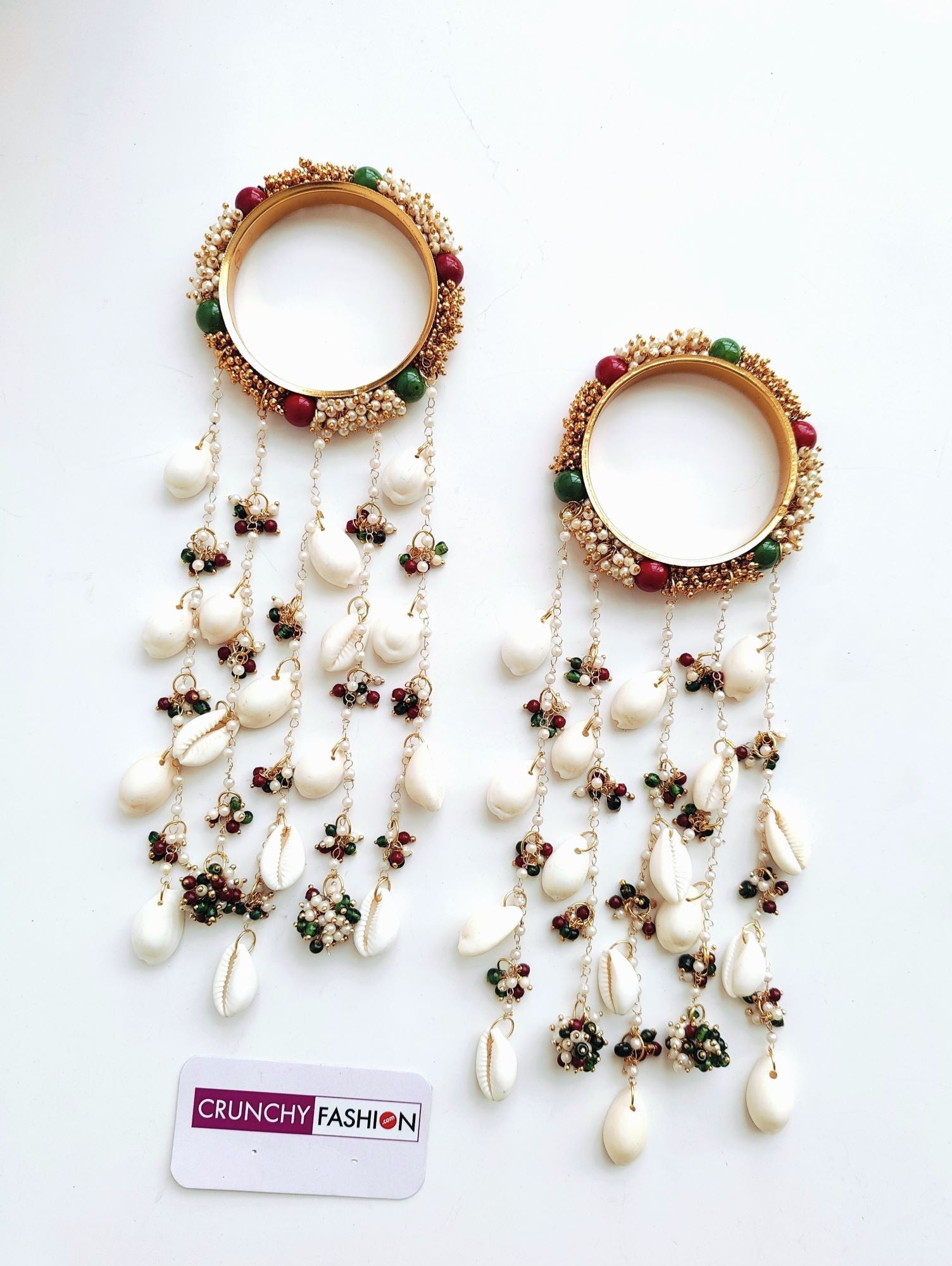 Designer Bridal Kaleere in white,gold, handcrafted w/ pearls,shells, ideal for spring,summer weddings & Haldi ceremonies,