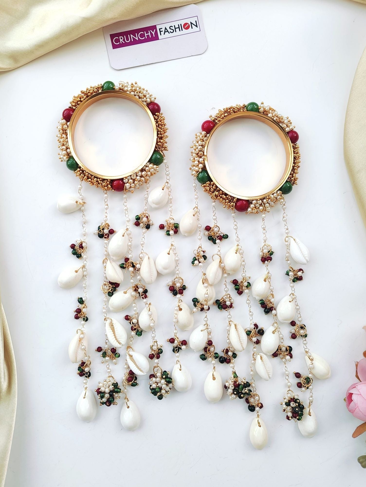 Designer Bridal Kaleere in white,gold, handcrafted w/ pearls,shells, ideal for spring,summer weddings & Haldi ceremonies,