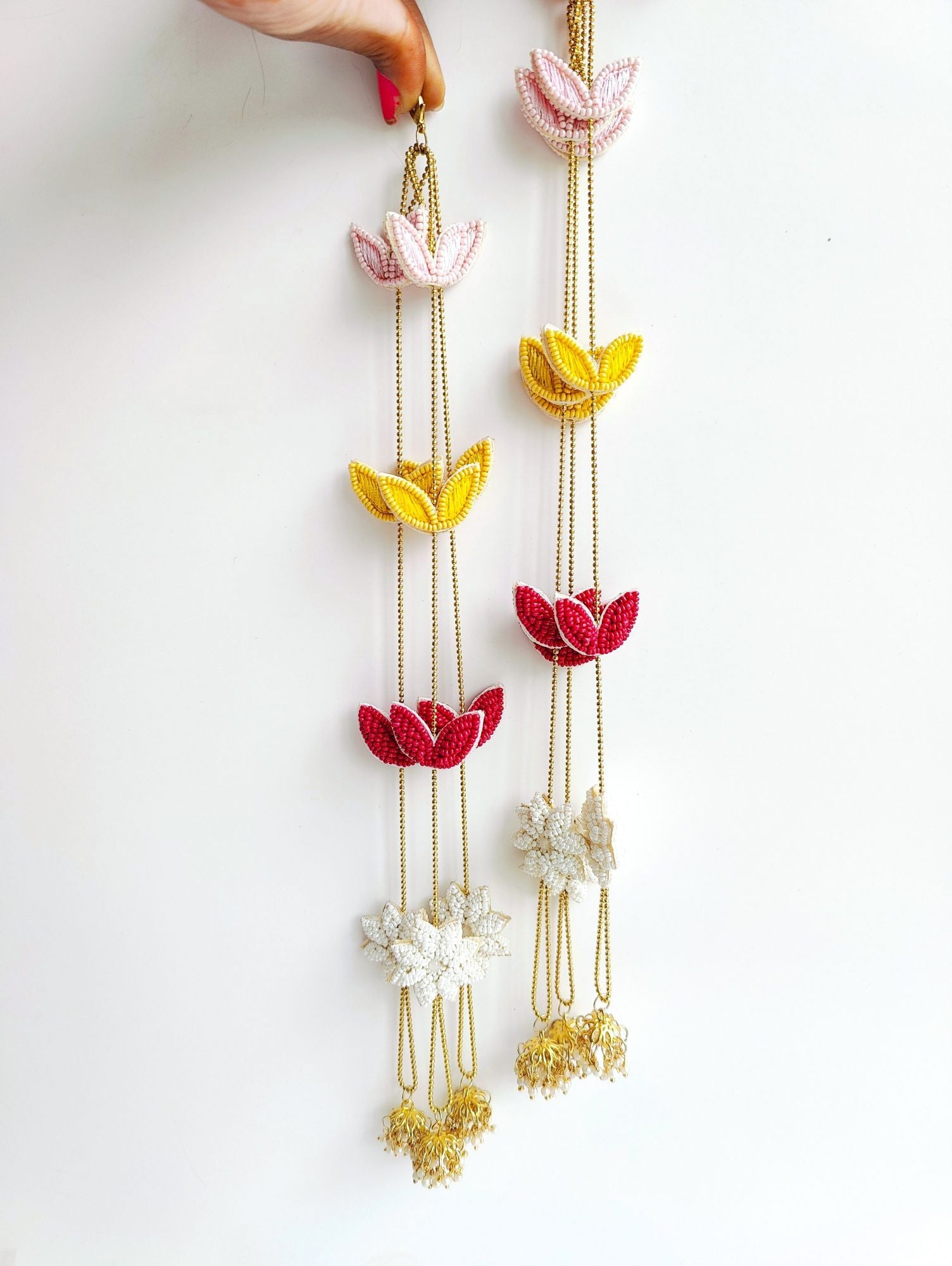 Handmade Floral Kaleere in Pink, Yellow-White. This pearl Kalira, perfect for weddings, haldi, mehendi or carnival.