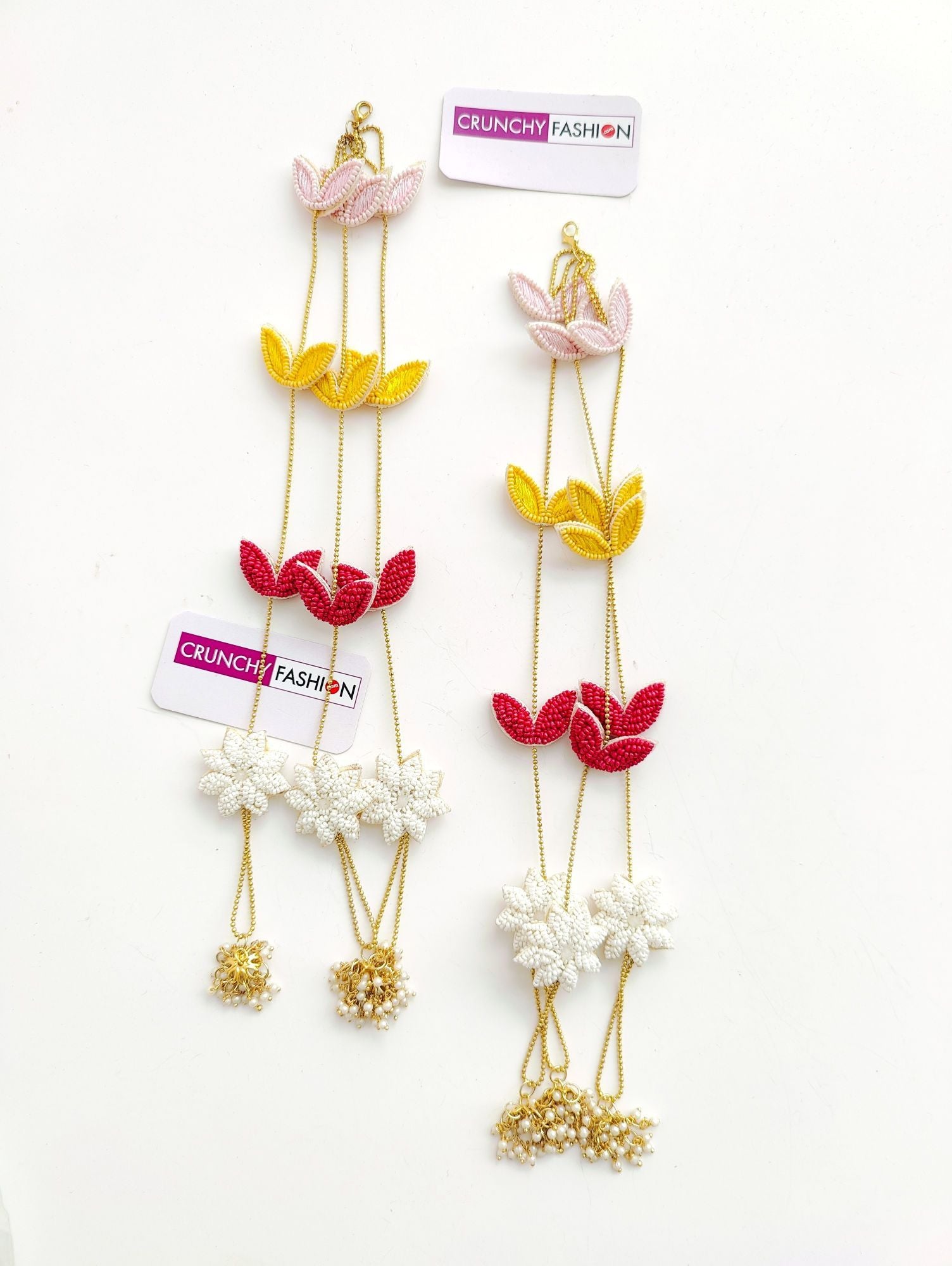 Handmade Floral Kaleere in Pink, Yellow-White. This pearl Kalira, perfect for weddings, haldi, mehendi or carnival.