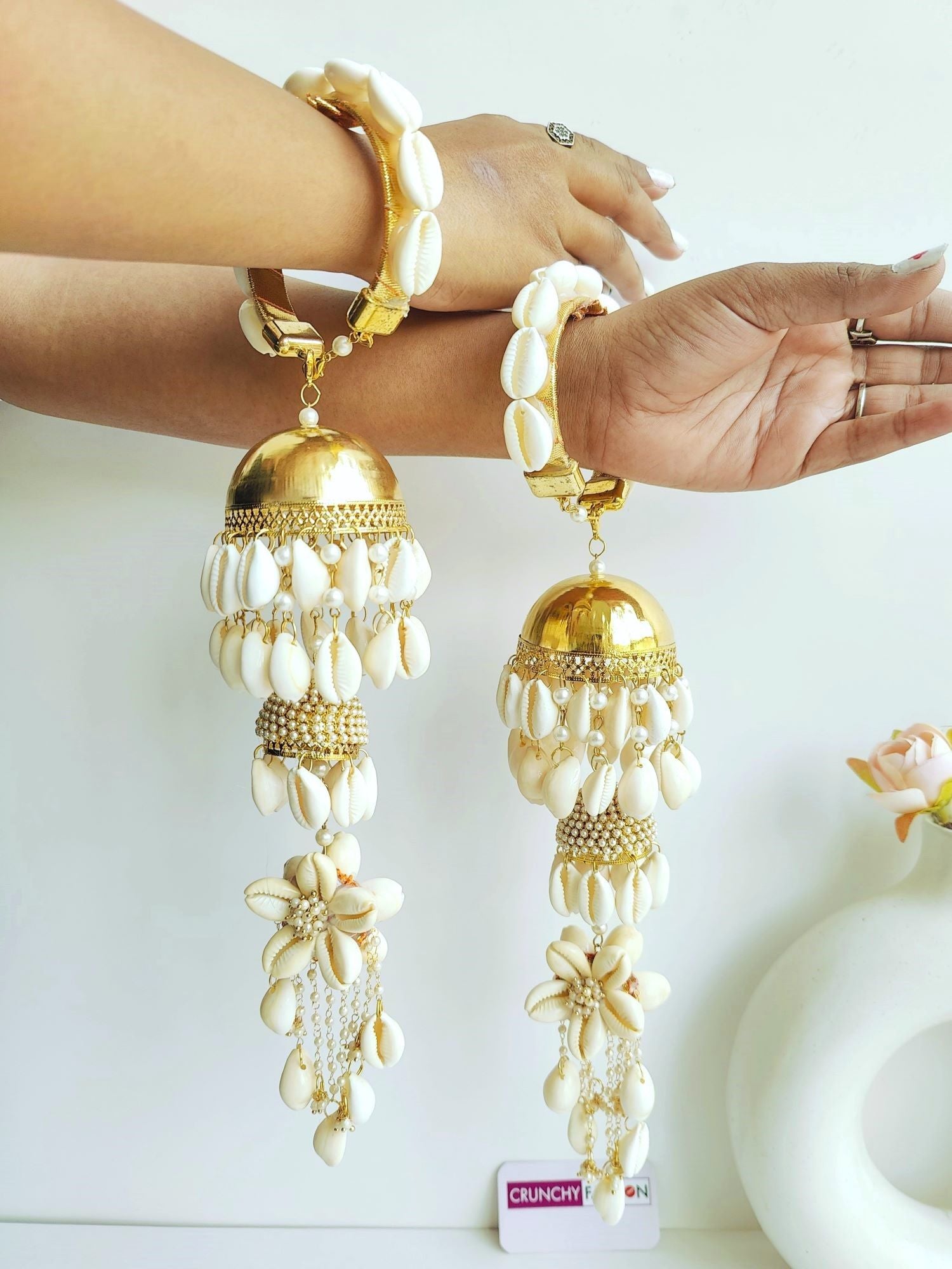 Designer fusion themed bridal Kaleere in white and gold, handmade with pearls and shells, perfect for Haldi, Mehandi