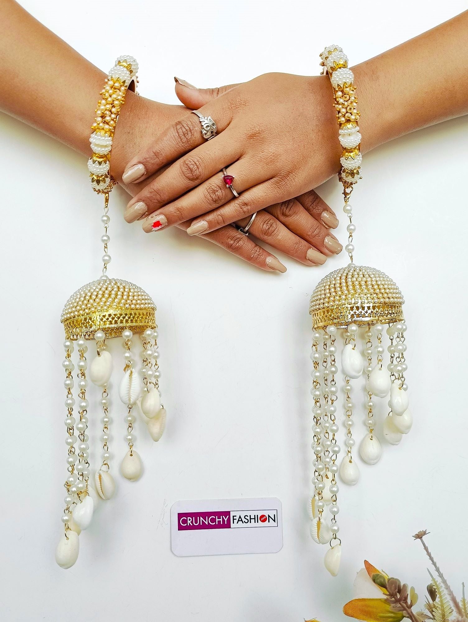 Bridal Kaleere in white & gold with pearls & shells, perfect for haldi, mehandi, wedding events.