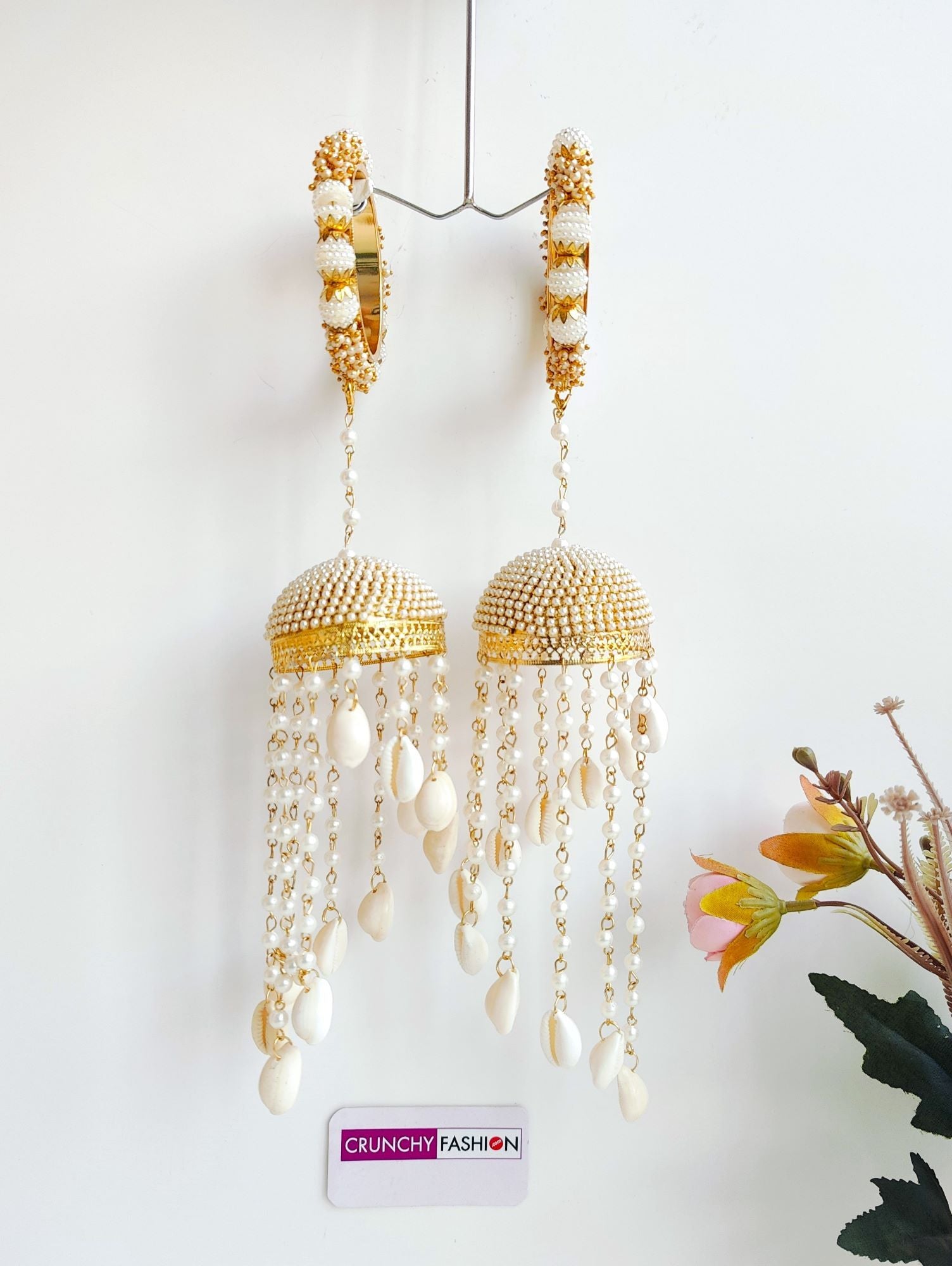 Bridal Kaleere in white & gold with pearls & shells, perfect for haldi, mehandi, wedding events.