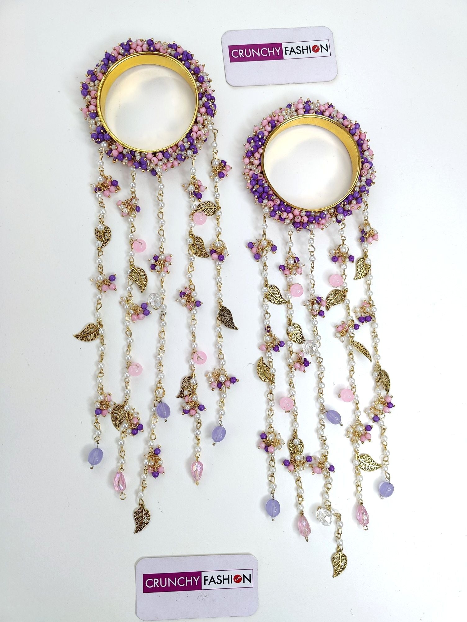 Handcrafted lavender-pink pearl and sea shell kaliras for brides, floral design ideal for Haldi and Wedding occasions