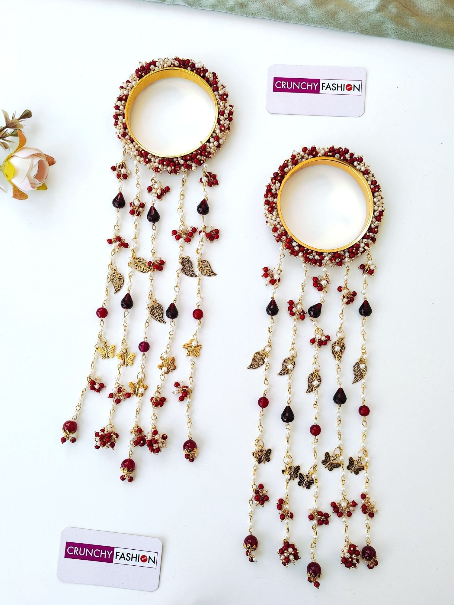 Handmade maroon-gold bridal kaleere with white pearls and sea shells, floral design for haldi, mehandi or wedding